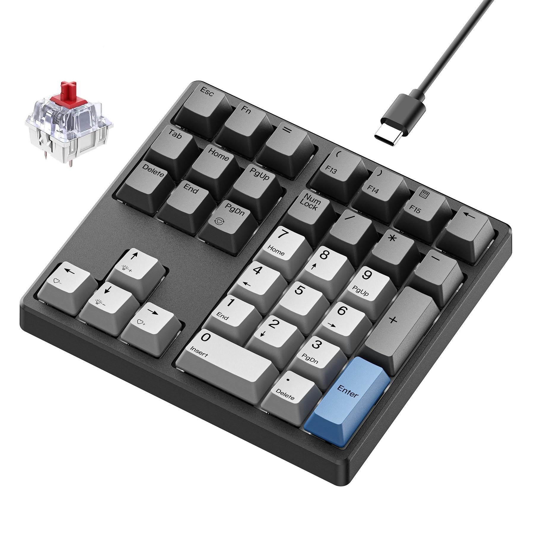 Mechanical Number Pad, 34 Key Wired Hot Swappable Keypad, Gateron Switches White Backlit Numpad,USB Numeric Keypad with PBT Keycaps for Laptop, Mac, PC Desktop(Red Switch) Red Switch