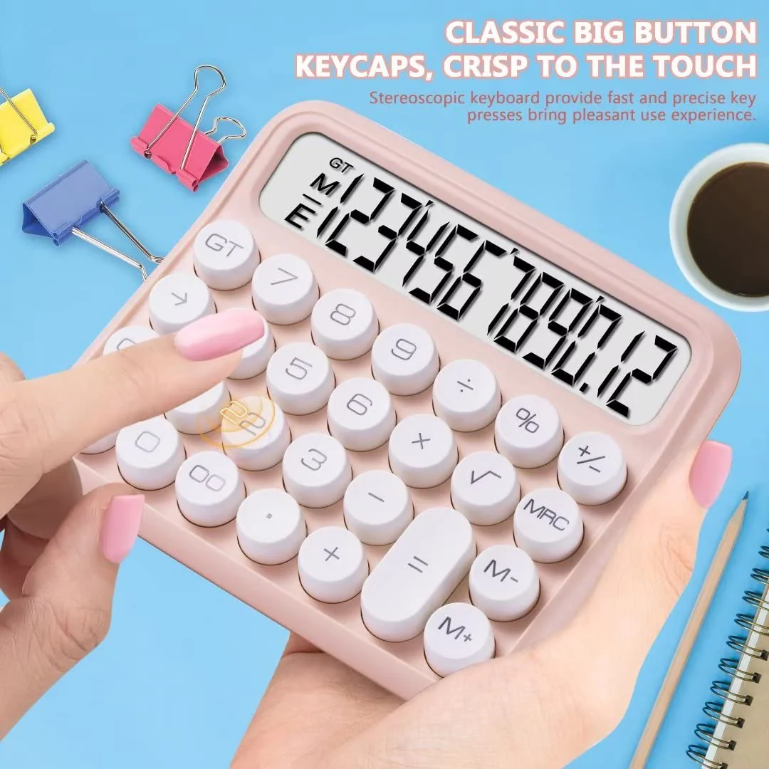 Mechanical Switch Calculator, Pink Calculator Cute 12 Digit Large LCD Display Big Button Calculator Clear Standard for Daily and Basic Office,Automatic Sleep,with Battery - Image 3