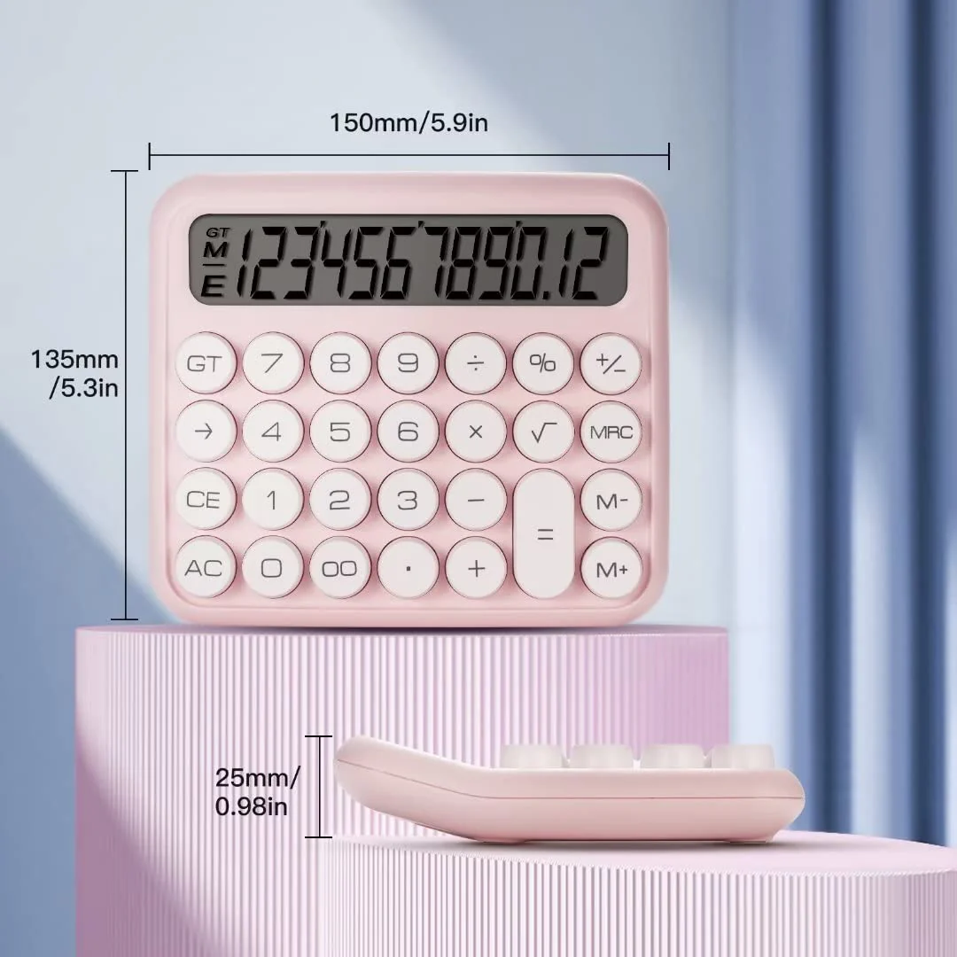 Mechanical Switch Calculator, Pink Calculator Cute 12 Digit Large LCD Display Big Button Calculator Clear Standard for Daily and Basic Office,Automatic Sleep,with Battery - Image 7