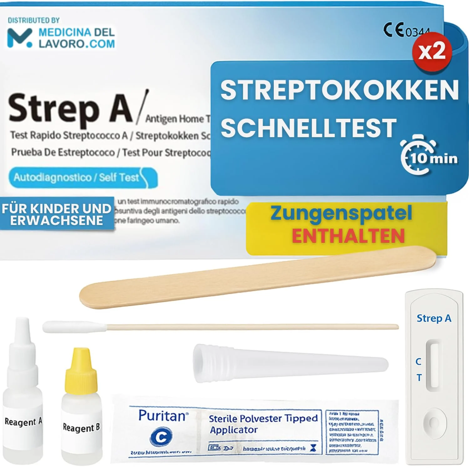 Medicinadellavoro.com Streptococcal Rapid Test, Children and Adults, Throat Streptococcal Test Detection of Streptococcal Group A, Useful for Fever, Sore Throat, Result 10 Minutes (2 Tests) 2 TEST