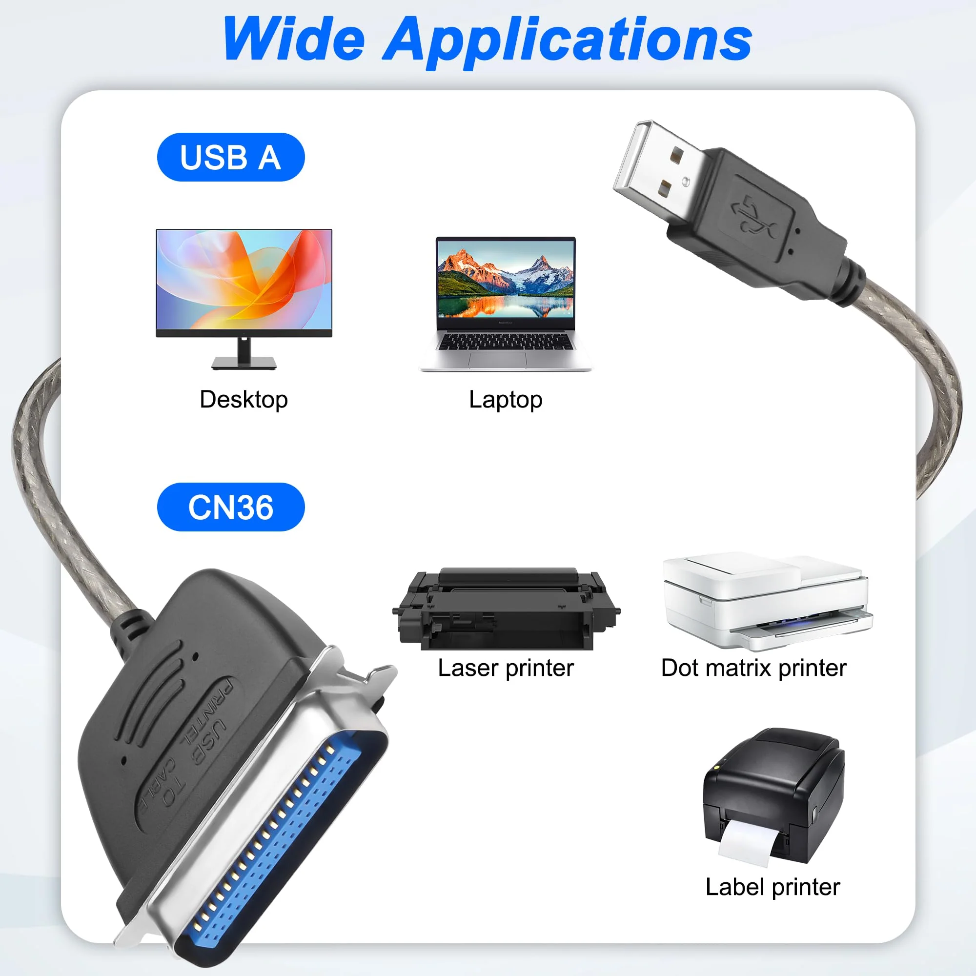 MEIRIYFA USB 2.0 to Parallel IEEE 1284 CN36 Printer Adapter Cable, USB to CN36 Parallel Printer Cable for Old Printer, Centronics Parallel Converter (1.5M) - Image 3