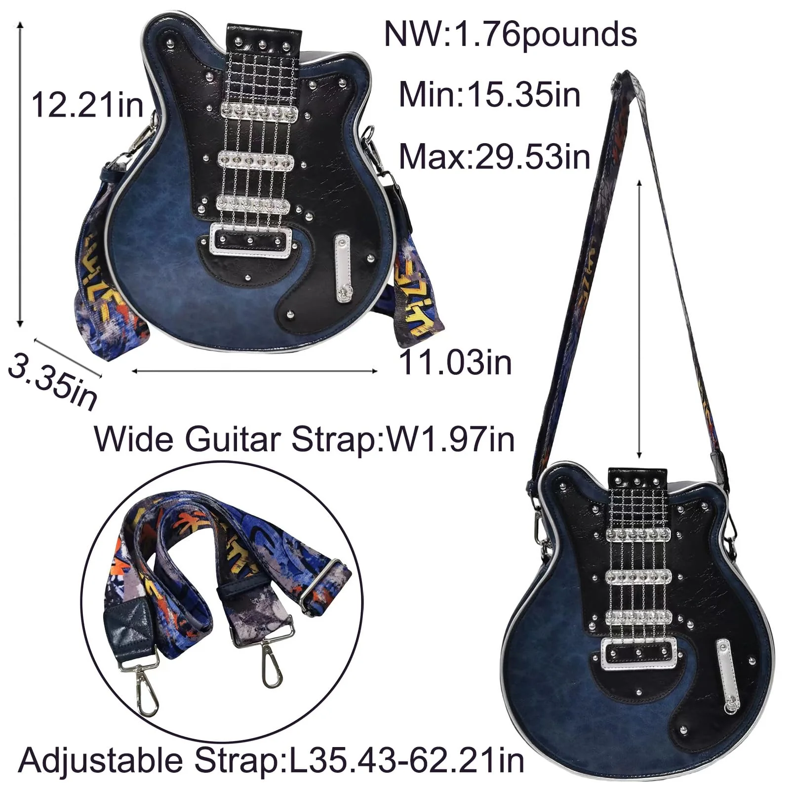 Men and Women Music Violin Guitar Shaped Crossbody Shoulder Bag Backpack Handbag PU Leather Unique Novelty Guitar Purse Blue - Image 3