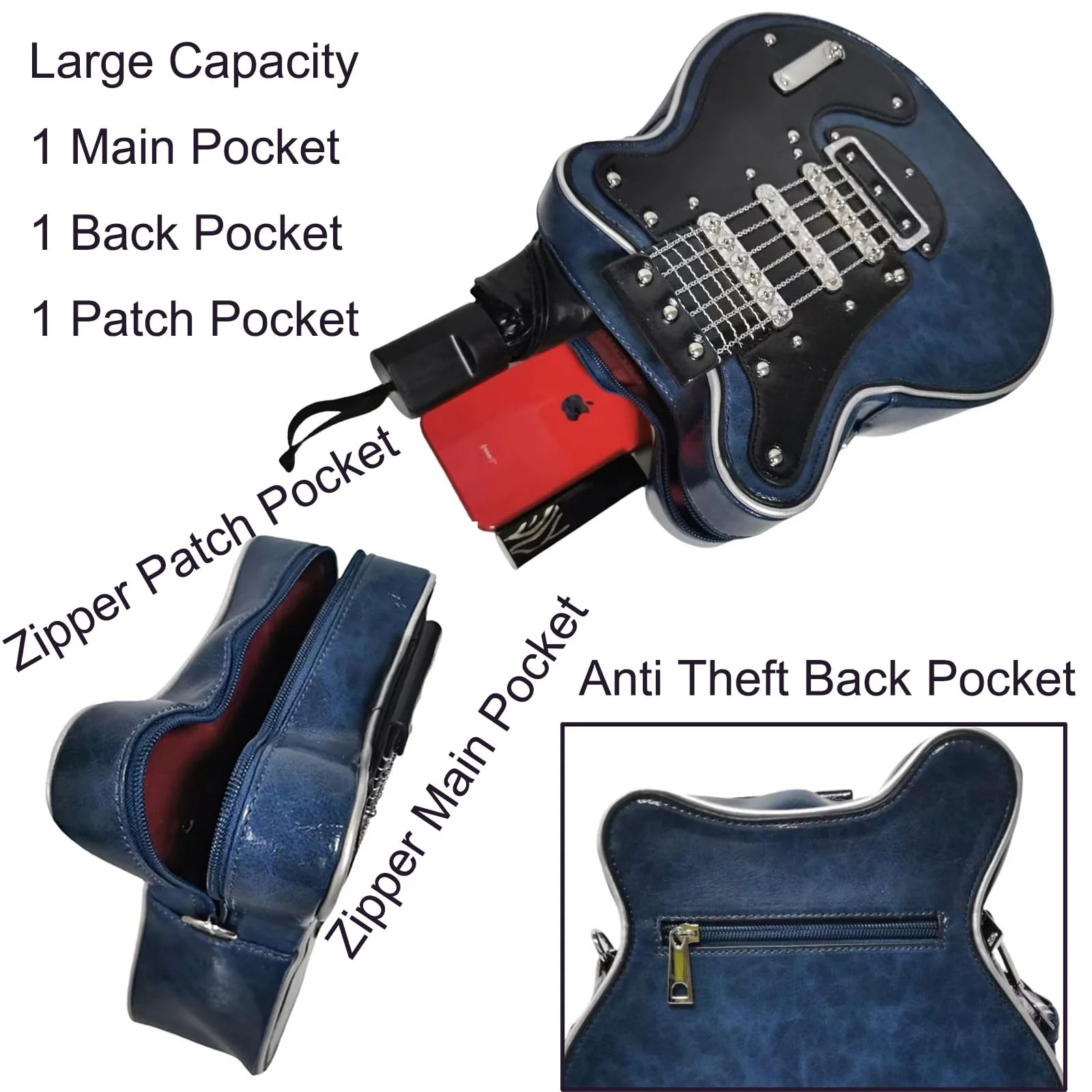 Men and Women Music Violin Guitar Shaped Crossbody Shoulder Bag Backpack Handbag PU Leather Unique Novelty Guitar Purse Blue - Image 4