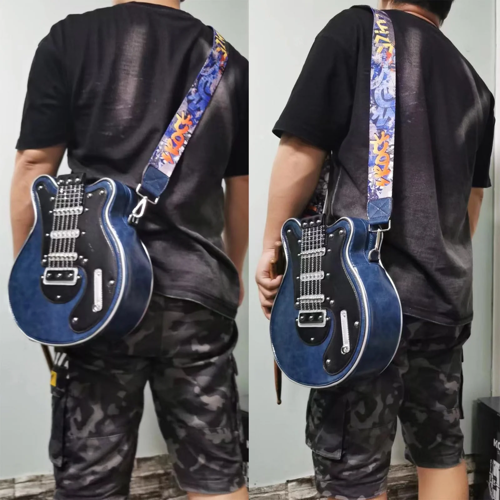 Men and Women Music Violin Guitar Shaped Crossbody Shoulder Bag Backpack Handbag PU Leather Unique Novelty Guitar Purse Blue - Image 6