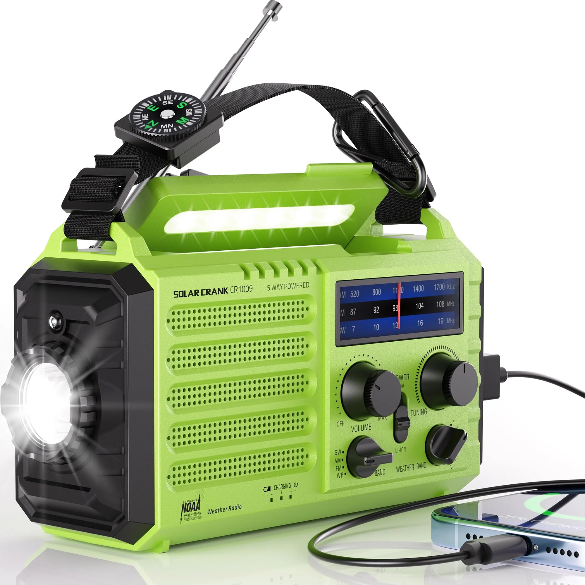 Mesqool Emergency Radio 5 Way Powered, 5000 Survival Radio Solar Hand Crank Portable NOAA/AM/FM/SW Weather Radio Battery Backup, Wind up Radio with Cell Phone Charger, Flashlight, SOS green