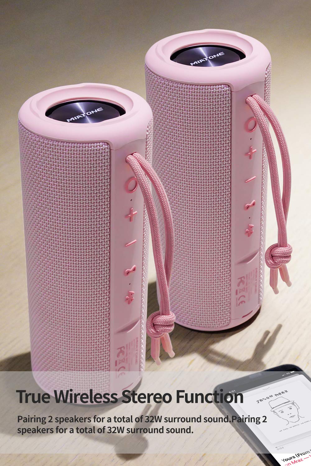 MIATONE Outdoor Portable Bluetooth Speaker Wireless Waterproof - Pink - Image 4