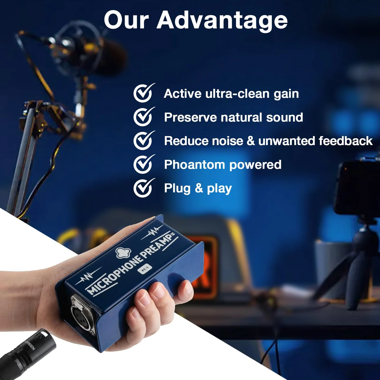 Mic Preamp FC-1 Microphone Gain Booster for Home Studios & Professional Recording | Compatible with Shure SM7B & Electro-Voice RE20 | Perfect for Podcasts, Live Sound & Studio Recording - Image 3