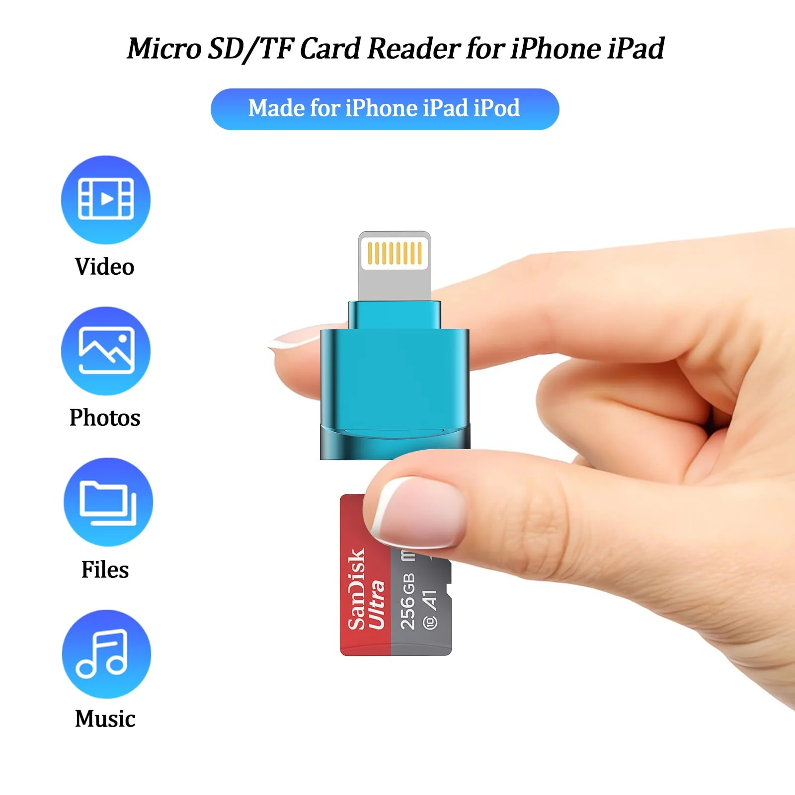 Micro SD Card Reader for iPhone,Lightning to Micro SD/TF Adapter,[Apple MFi Certified] Memory Card Reader for iPhone & iPad,Supports iOS 13 & exFAT/FAT32,for iPhone, Blue (JY-FBA-00019) Lightning - Image 2
