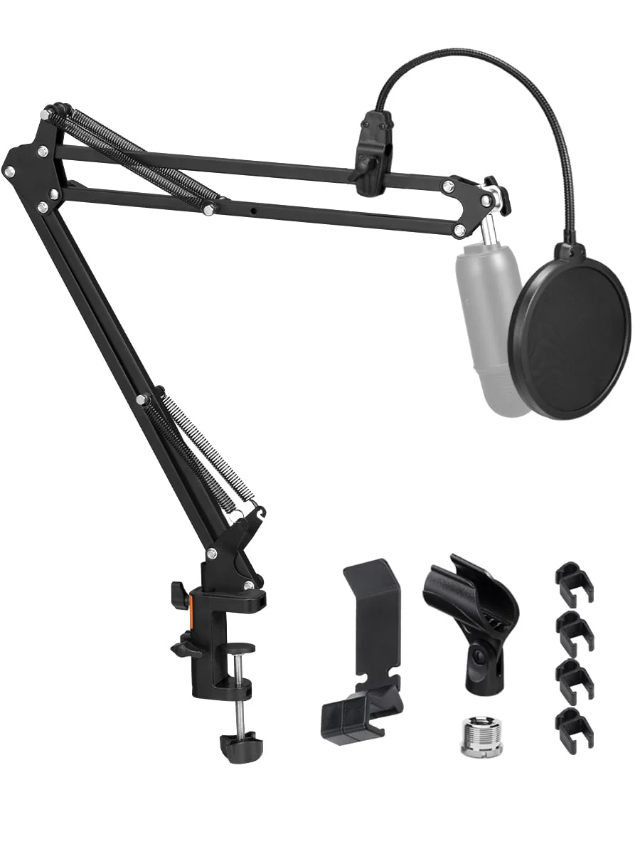 Microphone Boom Arm, Adjustable Suspension Boom Scissor Arm Stand with Heavy Duty Clamp, Pop Filter and Mic Clip Compatible with Yeti, QuadCast Snowball.