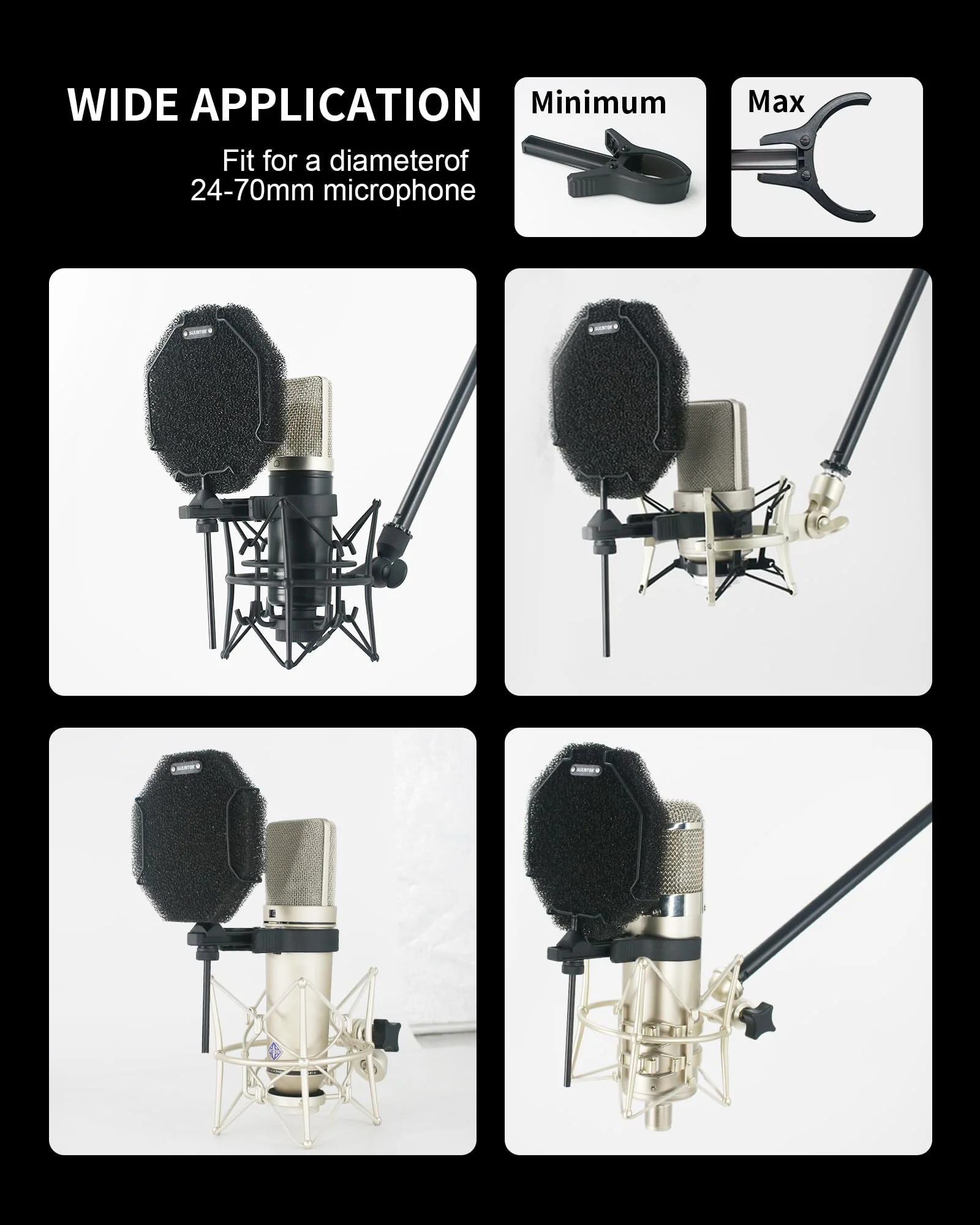 Microphone Pop Filter, Professional Windscreen Mic Cover for Dia.26-70mm Microphones, Acoustic Mic Shield with Upgraded Thick Sponge, Compatible with AT2020, Snowball, HyperX QuadCast, Shure SM78 - Image 3