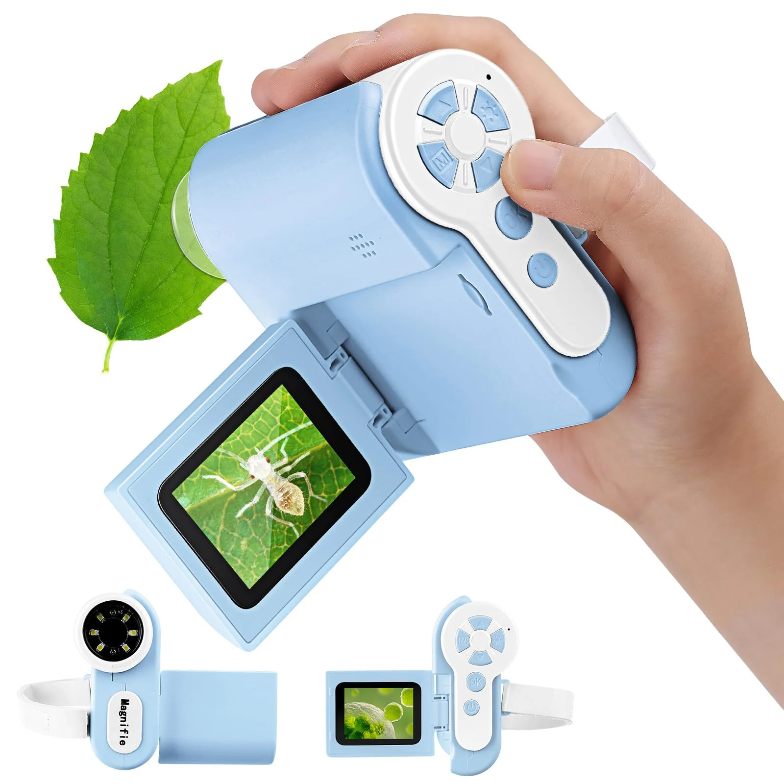 Microscope for Kids, 1000X Handheld Kids Microscope with 6 Adjustable LED Lights, Valentines Day Gifts for Kids School Ages 8-13, 32G SD Card Included-Blue Blue