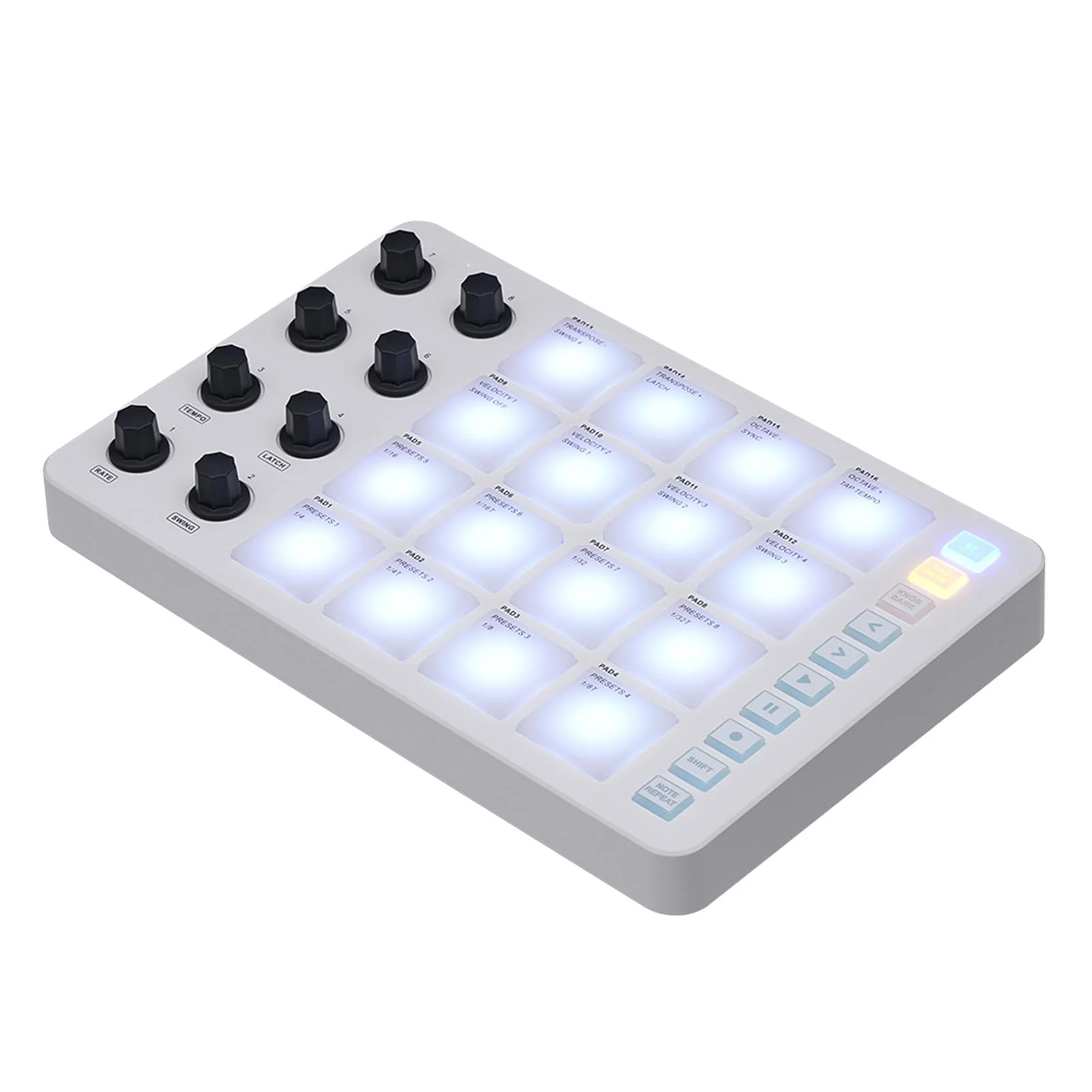 MIDI Pad Controller, Portable SMC PAD Bluetooth MIDI Controller with 16 RGB Backlit Pads, 8 Assignable Knobs, Note Repeat, Full Level Buttons, 3.5mm MIDI Output