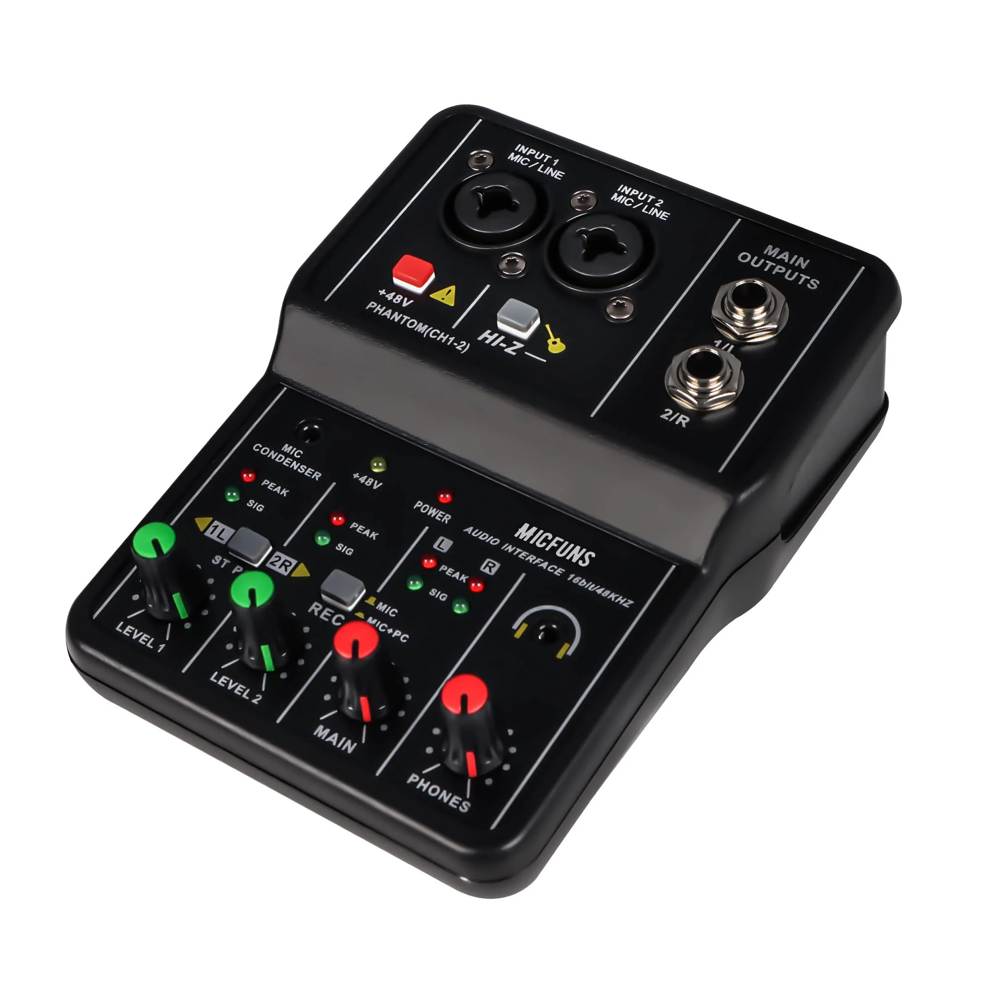 Mini 2 channel audio DJ mixer console interface with 48V phantom power Combo Jack Microphone/Guitar XLR+6.35mm, 3.5mm Stereo in, Headphone Jack for studio live show,party recording