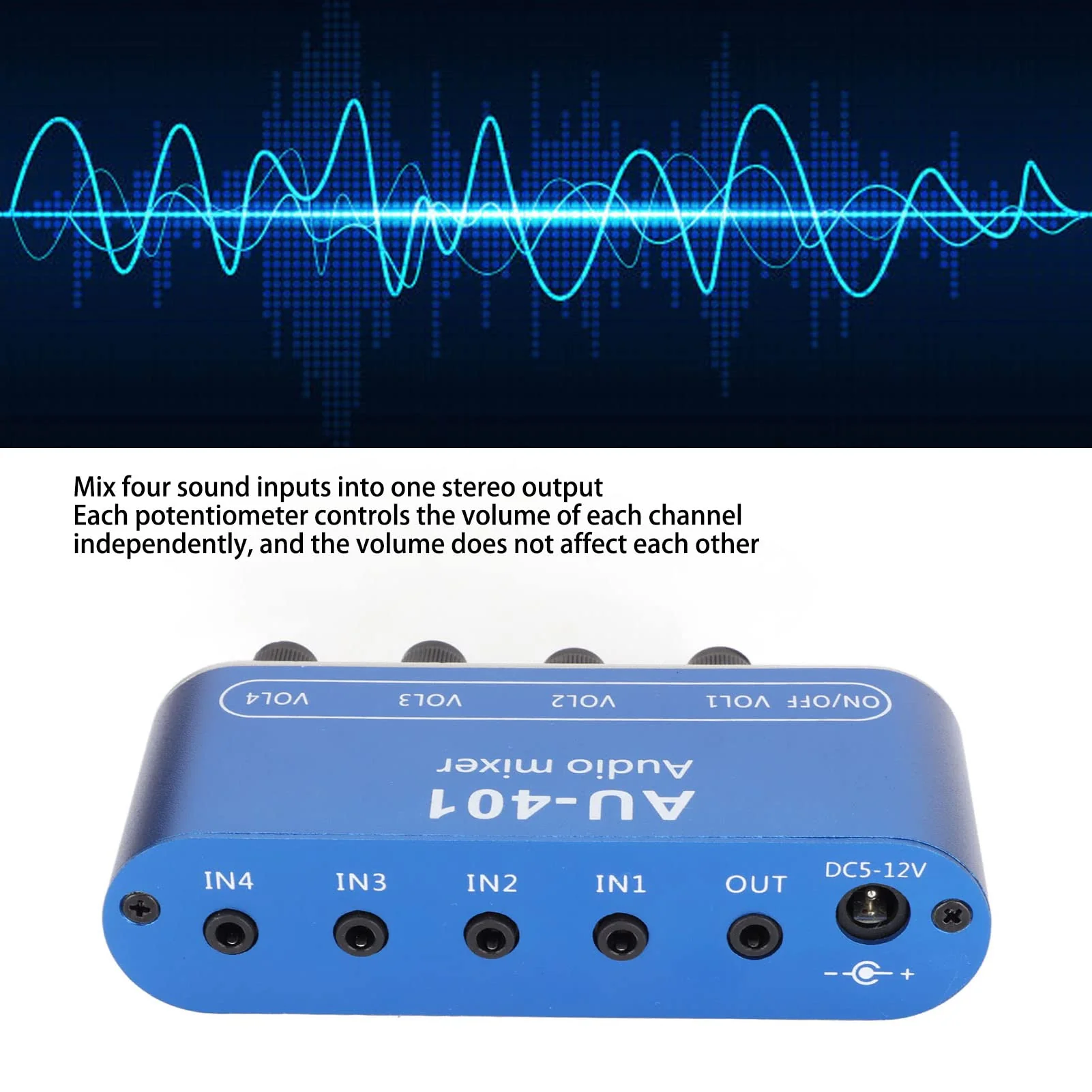 Mini Audio Mixer, 4 Channel Line Mixer with 3.5mm Stereo Jack, 4 Input 1 Stereo Output & Volume Adjustment, DC 5V-12V Stereo Mixer for PC, Phone, Laptop, Headphone, Small Clubs or Bars - Image 3