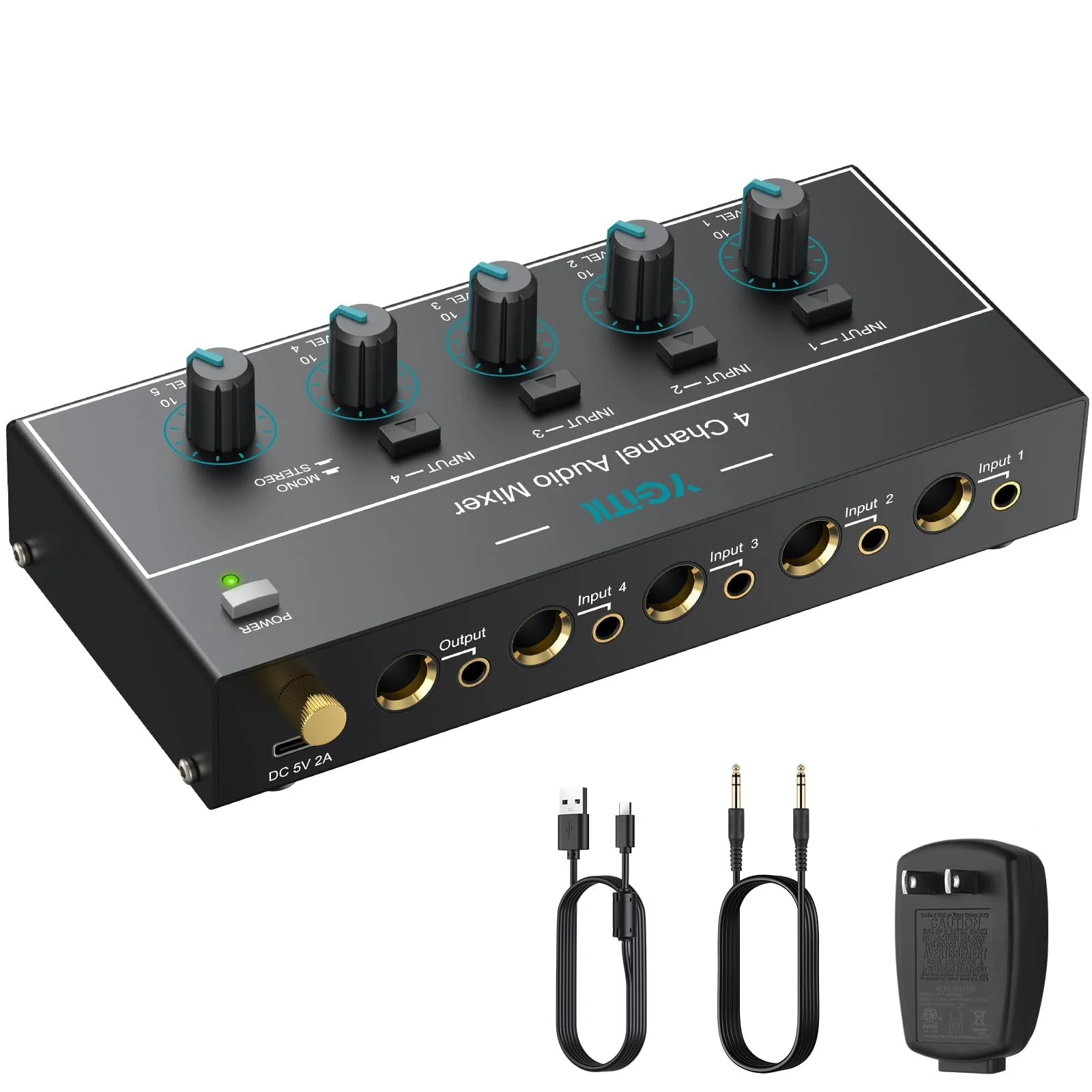 Mini Audio Mixer, 4 Channel Stereo Line Mixer 1/4" & 1/8" TSR Audio Output Input Jack, Line Mixer Stereo/Mono Independent Control and Switch for Guitars,Bass,Keyboards, Dynamic Microphone