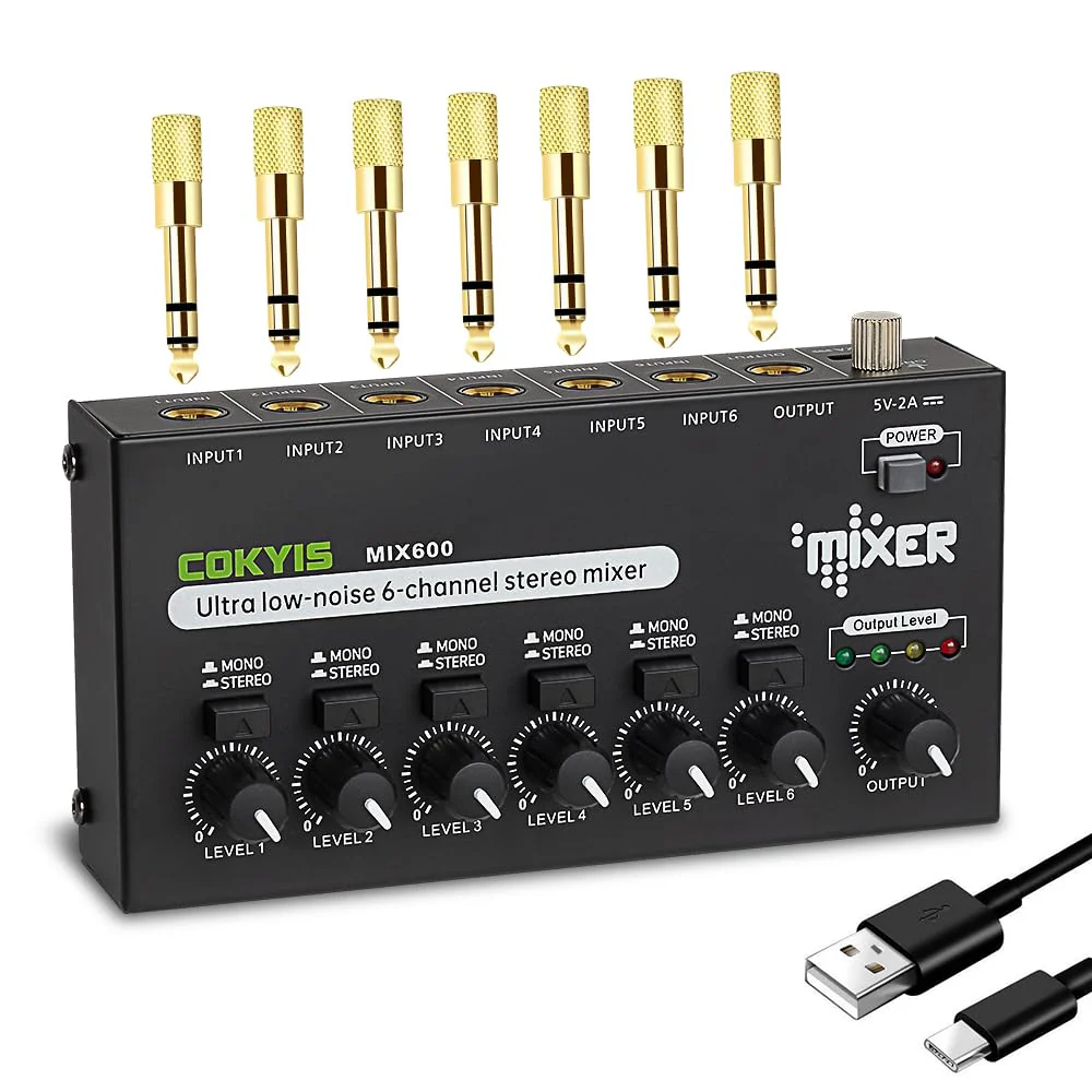 Mini Audio Mixer, 6-Channel Stereo Line Mixer for Precision Sub-Mixing, with Ultra Low-Noise Operation, Independent Microphone Control, 1/4" TRS Input/Output-for Guitars, Bass, Stage Mixer