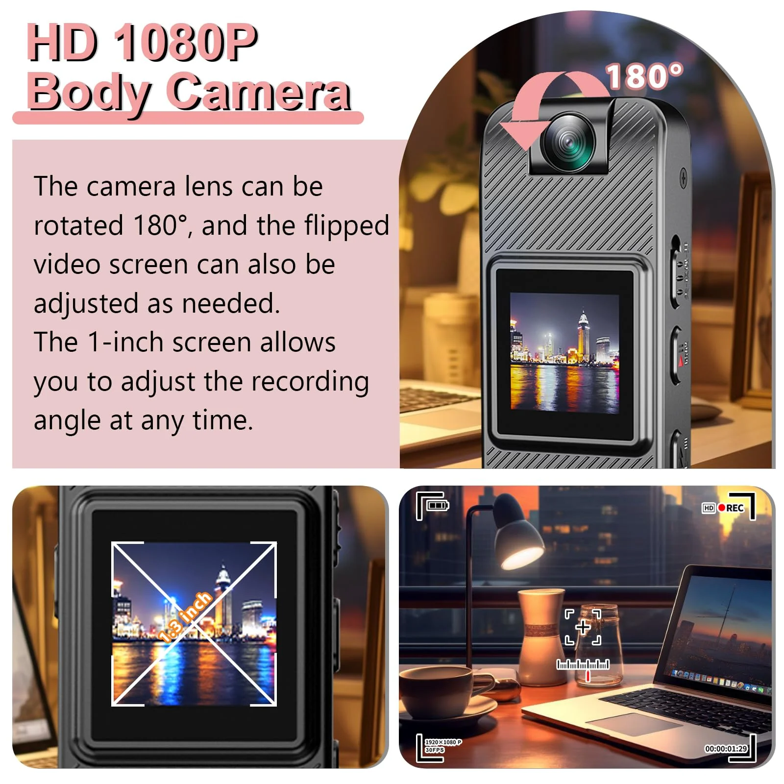 Mini Body Camera HD 1080P Wearable Video Recorder, Small Security Camera with Night Vision 1.3 Inch Display 180° Rotatable Lens, Portable Body Cam for Law Enforcement/Sports/Delivery - Image 2