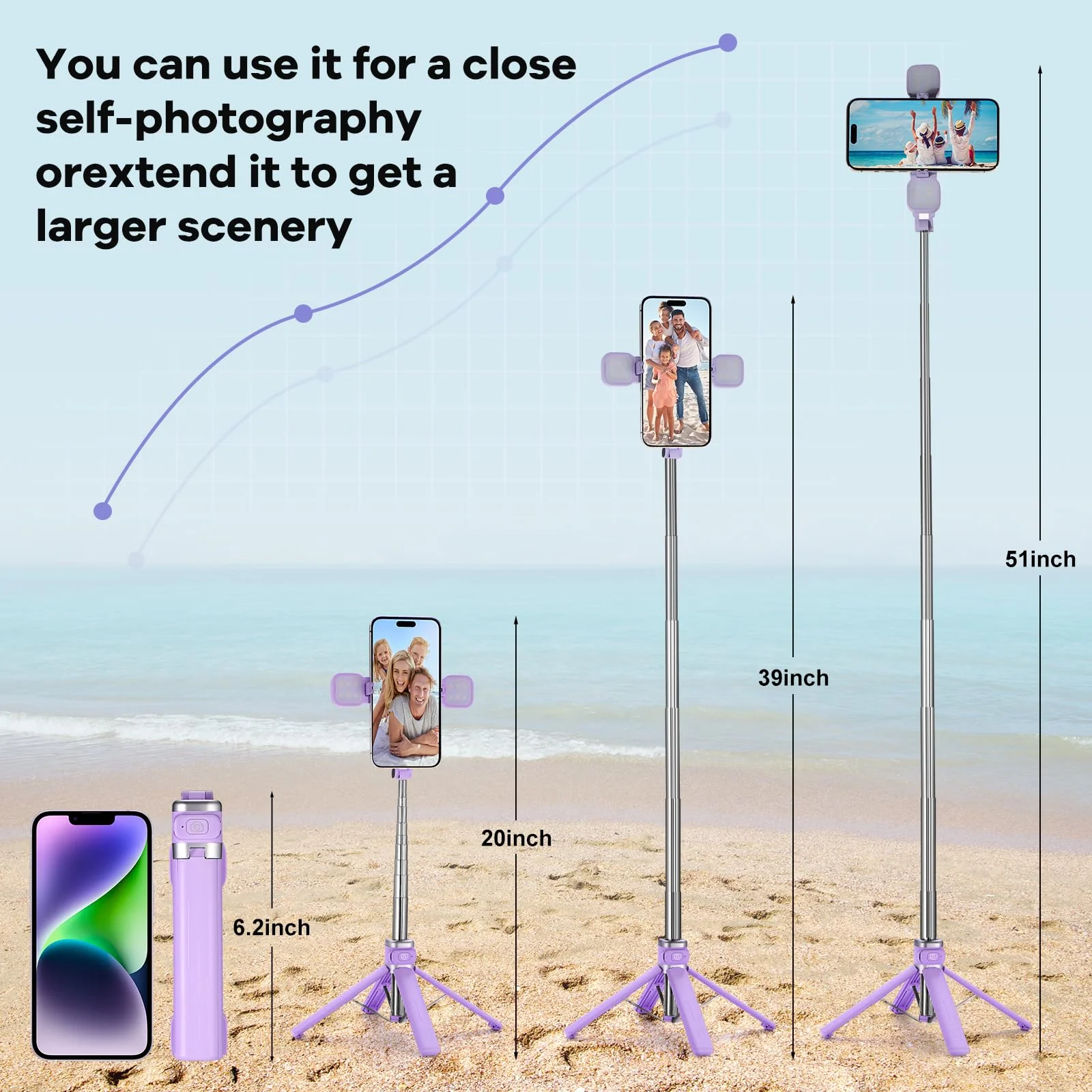 Mini iPhone Tripod Stand,MQOUNY 38" Phone Tripod &Selfie Stick with Wireless Rechargeable Remote & Removable Light, Extendable Tripod Stand 360 Rotation Compatible with iPhone&Android Samsung (Purple) Purple - Image 5