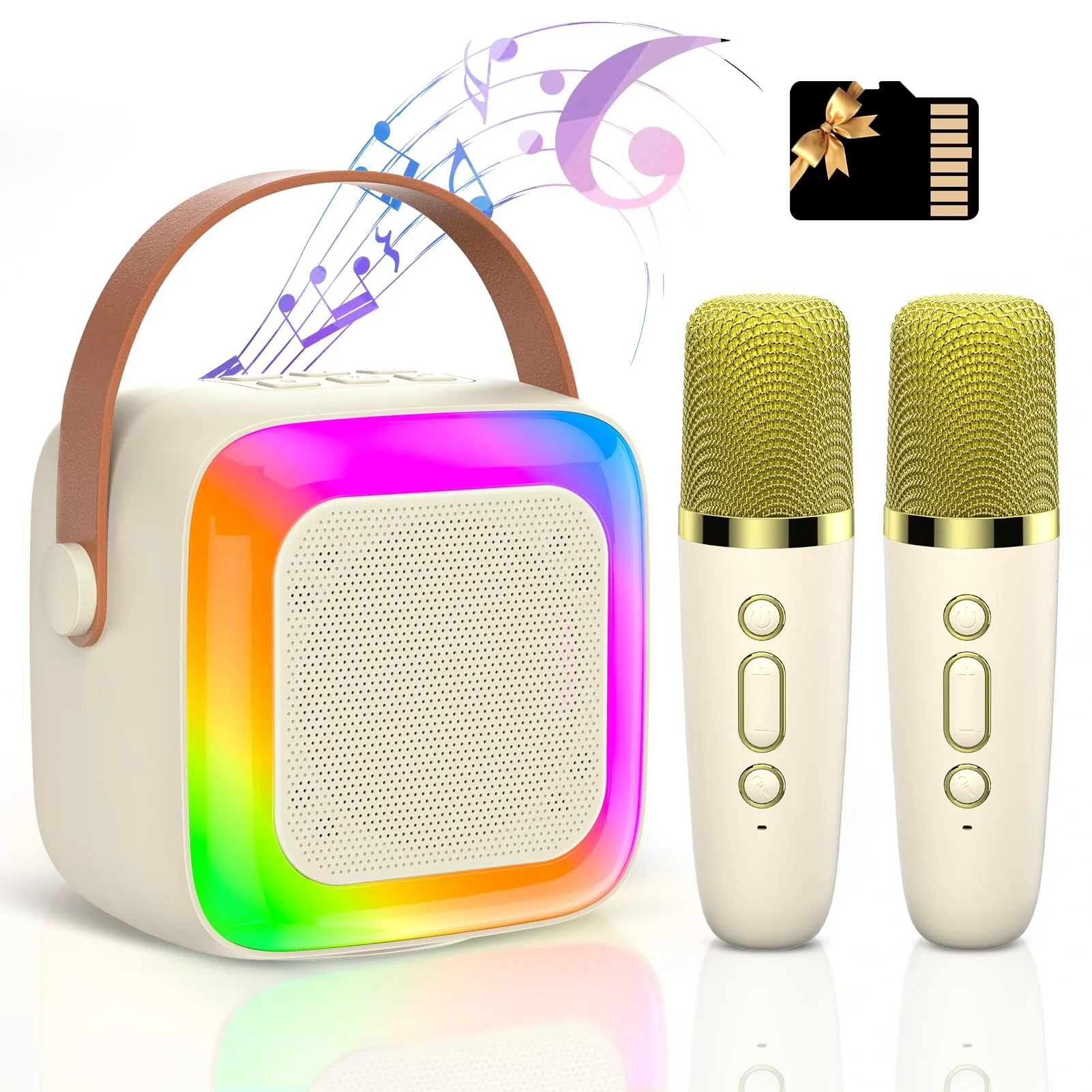 Mini Karaoke Machine for Kids Adults,Portable Bluetooth Karaoke Speaker with 2 Wireless Microphone and LED Lights,Toys for Party,Home KTV,Birthday for Girls 4, 5, 6, 7, 8,12+ Toddler Teens(Beige) Beige