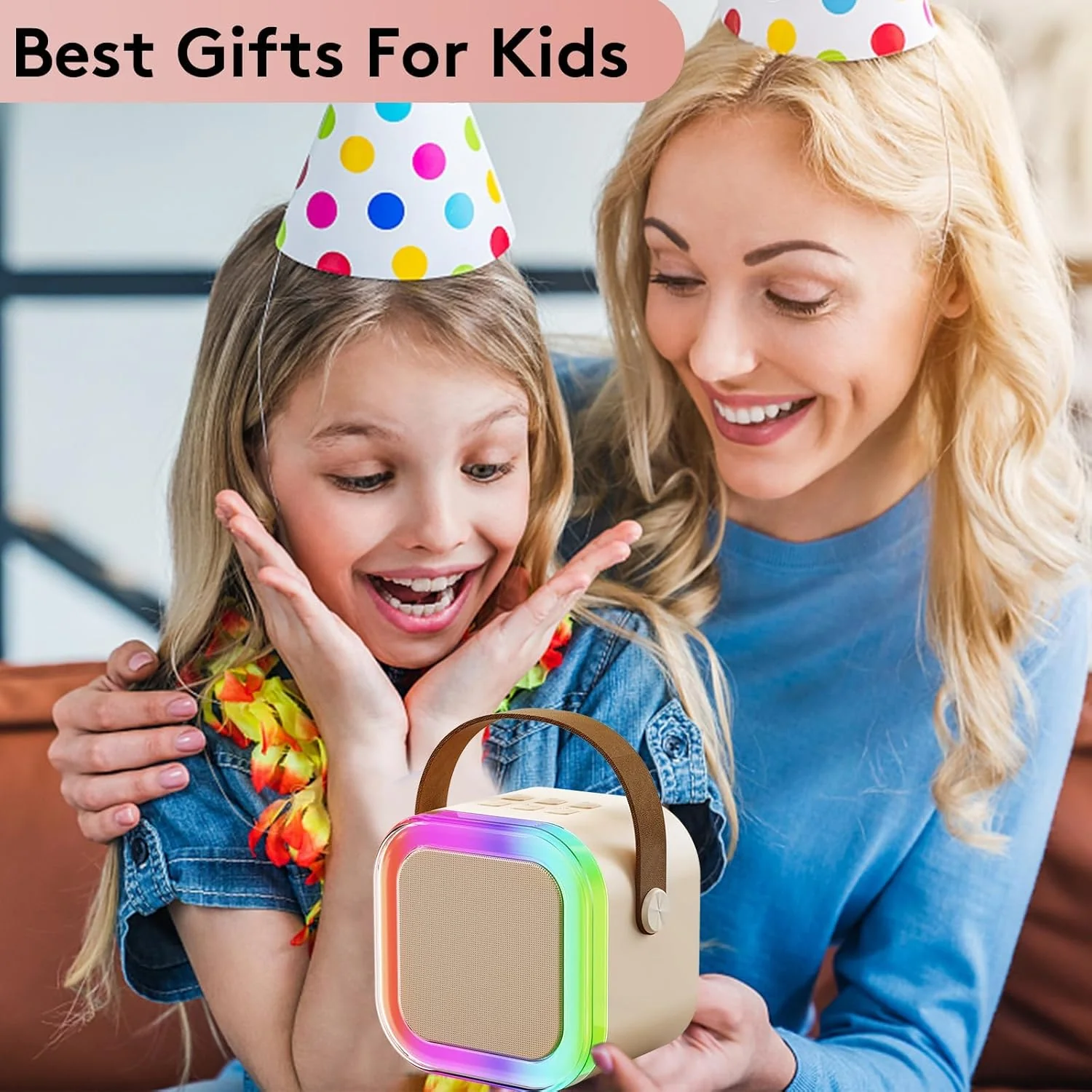 Mini Karaoke Machine for Kids Adults, Portable Bluetooth Karaoke Speaker with 2 Wireless Microphones for Girls Boys 3-11,12+ Years Old, Gifts for Family Home Birthday Party off-white - Image 4