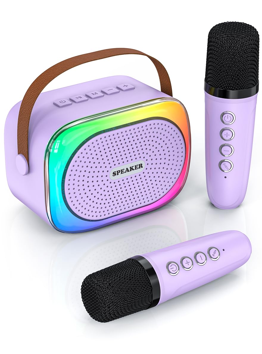 Mini Karaoke Machine for Kids Girls Boys Ages 3-12, Portable Bluetooth Speaker with 2 Wireless Microphones with Voice Changing & LED Party Lights, Birthday Gifts for Family Home Party purple