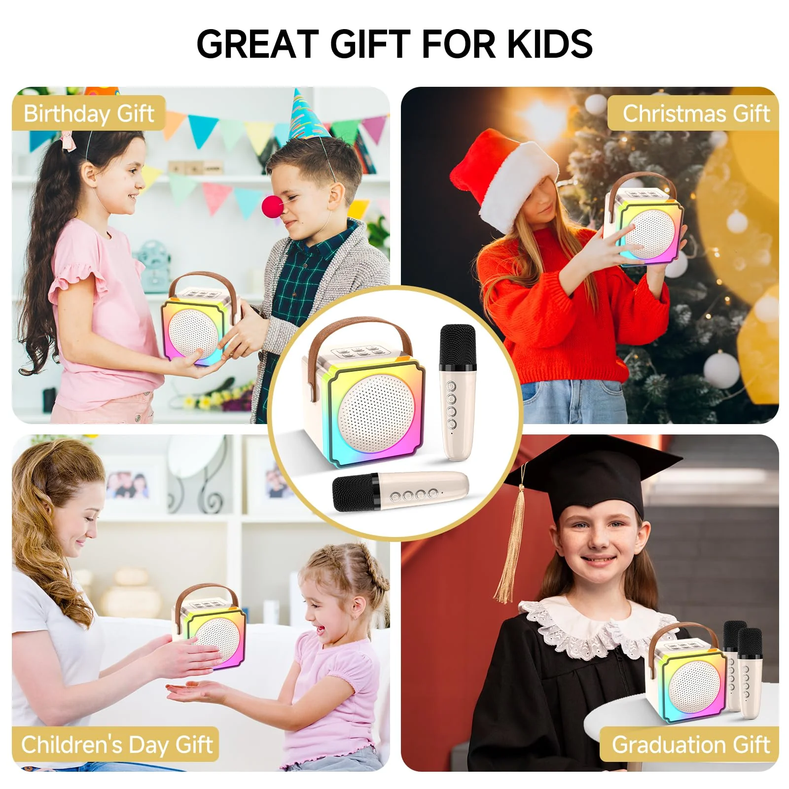 Mini Karaoke Machine for Kids,Portable Bluetooth Karaoke Machine with 2 Wireless Microphones, Kids Karaoke Machine for Birthday Home Party,Gift for Girls Boys(Beige) Beige - Image 2