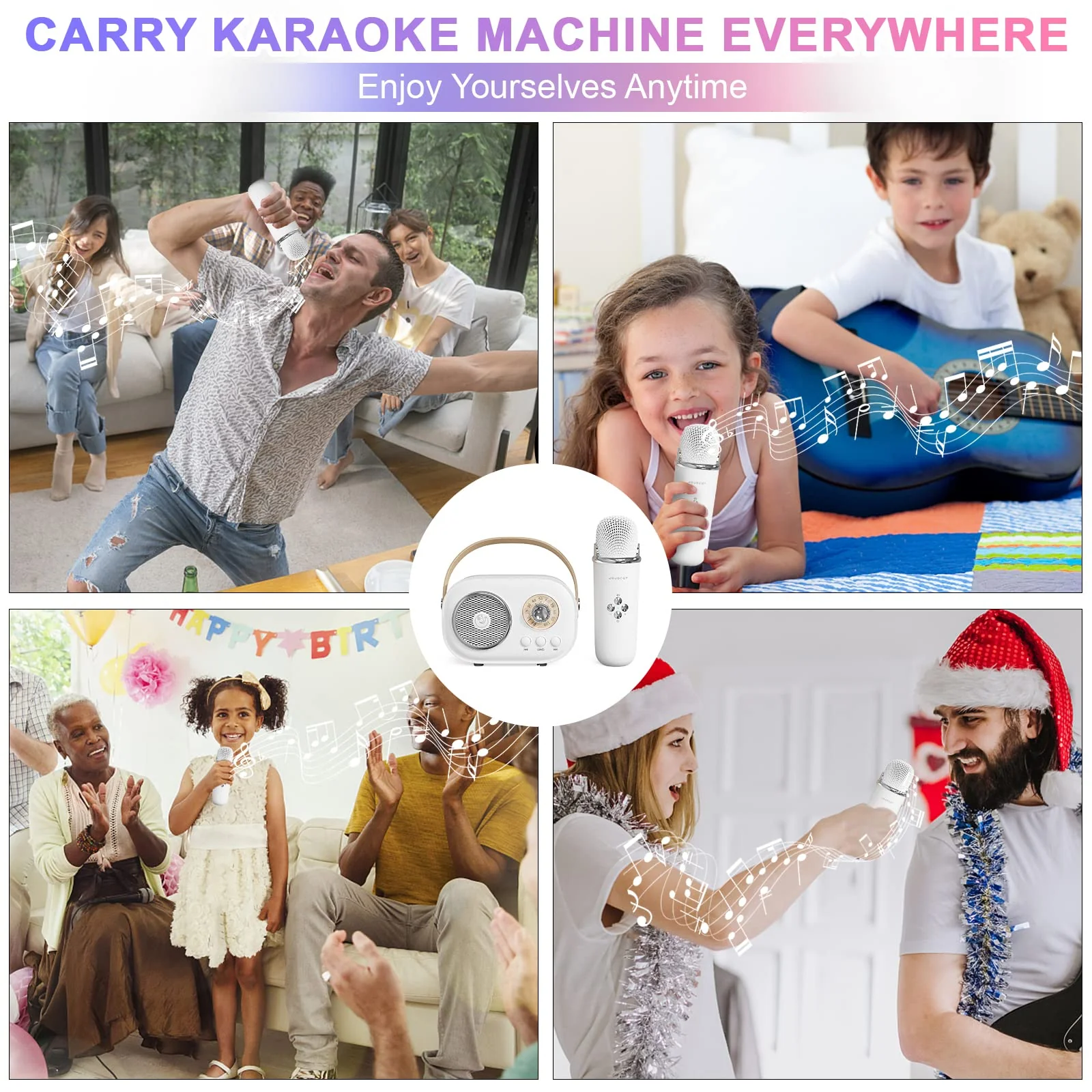 Mini Karaoke Machine for Kids,Portable Bluetooth Speaker with 2 Wireless Microphone,Toys for Girls Boys Gifts,Retro Speaker Set Stereo Sound Enhanced Bass for Home Party Birthday (White) White - Image 7