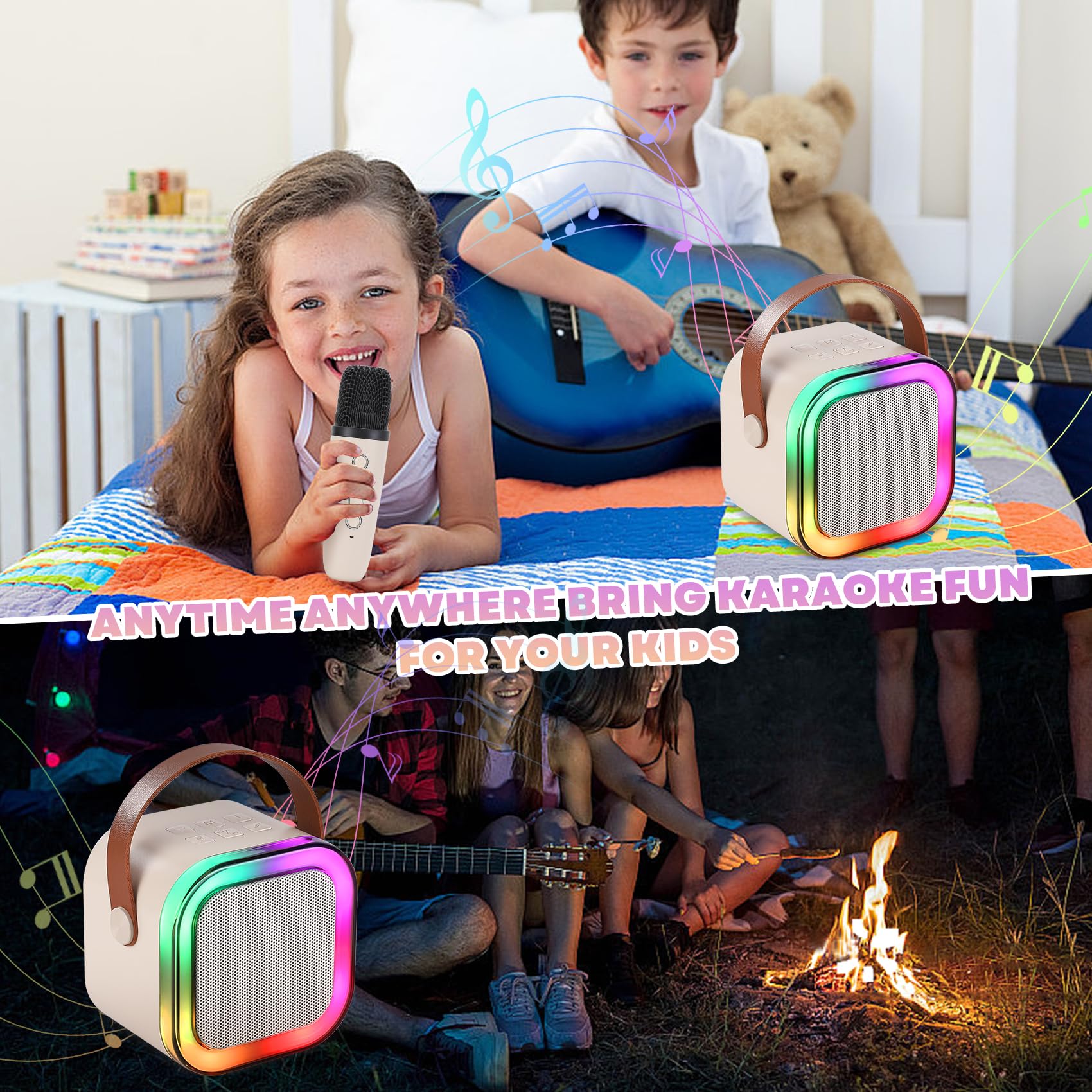 Mini Karaoke Machine for Kids, Portable Bluetooth Speaker with 2 Wireless Microphones,Christmas and Birthday Gifts Suitable for Girls Aged 4 to 12(White) white - Image 5