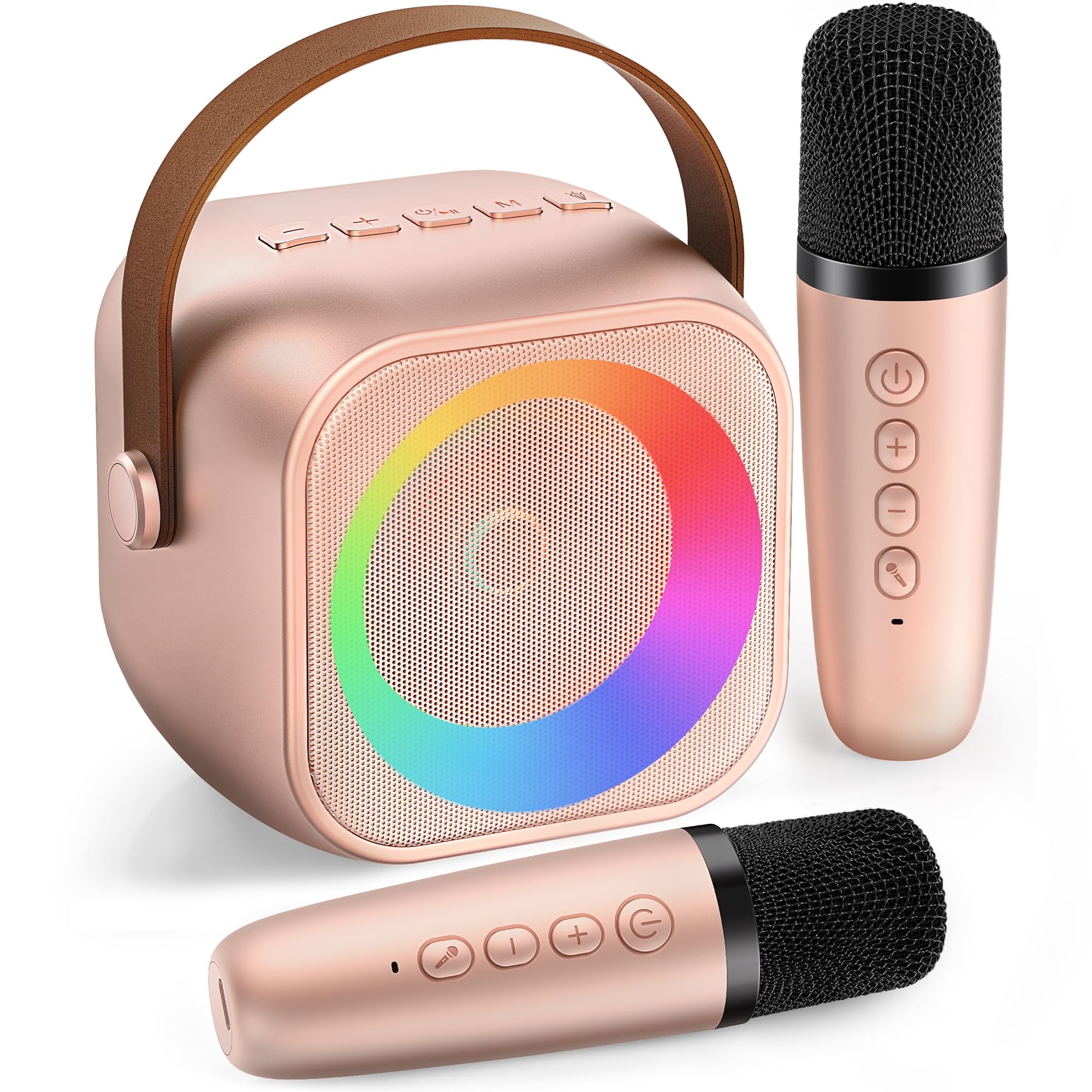 Mini Karaoke Machine, Portable Bluetooth Karaoke Speaker with 2 Wireless Microphones and Party Lights for Kids and Adults, Birthday Gifts for Girls Boys Family Home Party (Rose Gold) 2 Mics Rose Gold