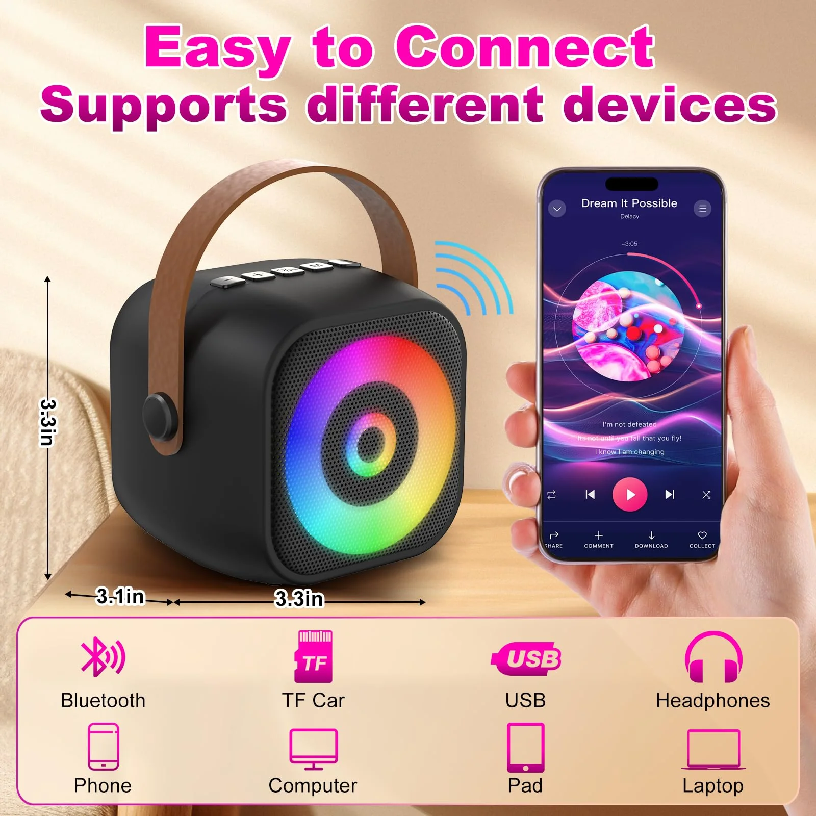 Mini Karaoke Machine, Portable Bluetooth Karaoke Speaker with 2 Wireless Mics for Kids and Adults, Birthday Gifts for Girls and Boys 3-12+ Years Old Birthday Party Home Black - Image 3