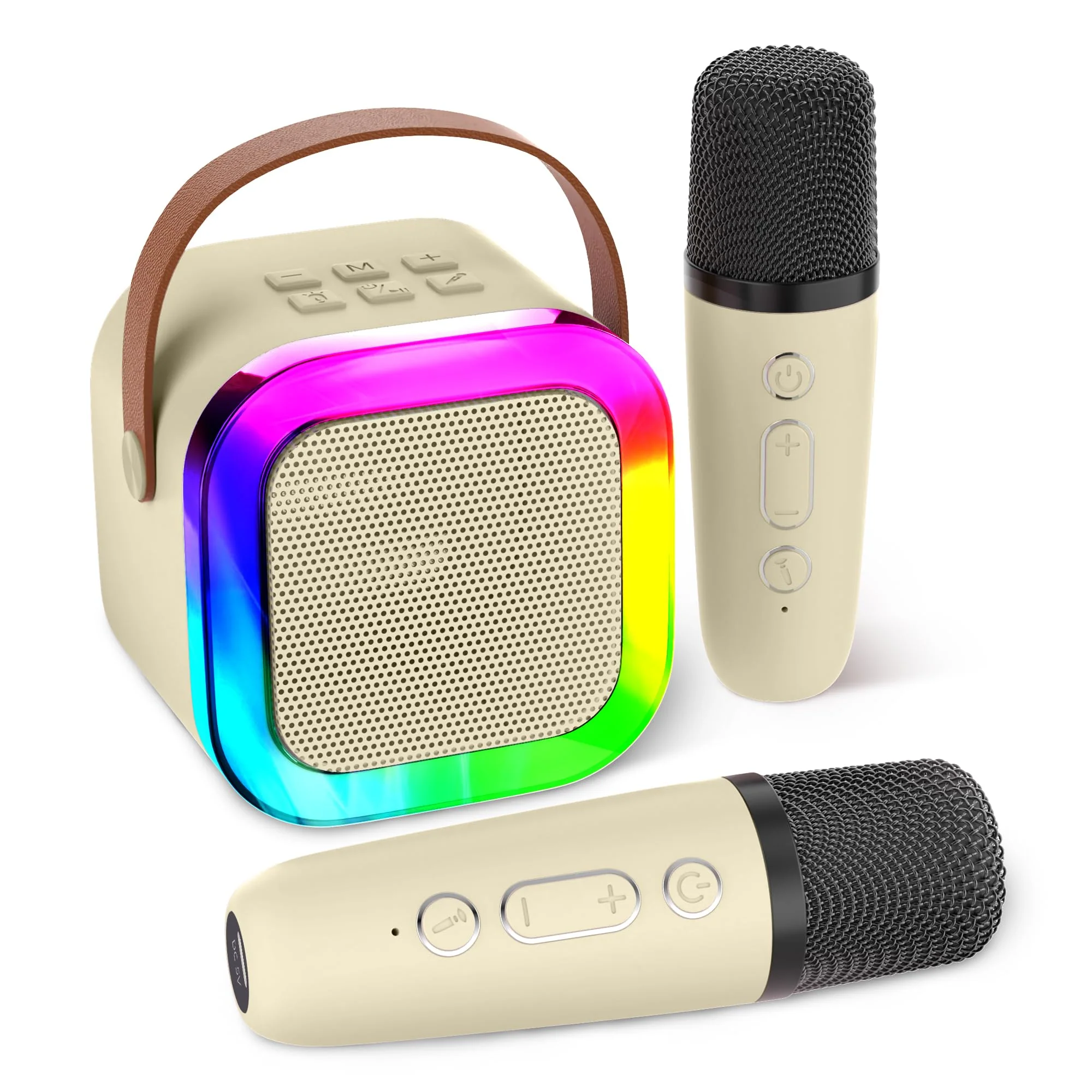 Mini Karaoke Machine Speaker for Kids, Toys for Girls Boys Friends Age 3-12+, Birthday Gifts Portable Bluetooth Speaker with Wireless Mics for 5 6 7 8 9 10 11 Years Teens Girl Boys, Beige Beige- 2-Mic