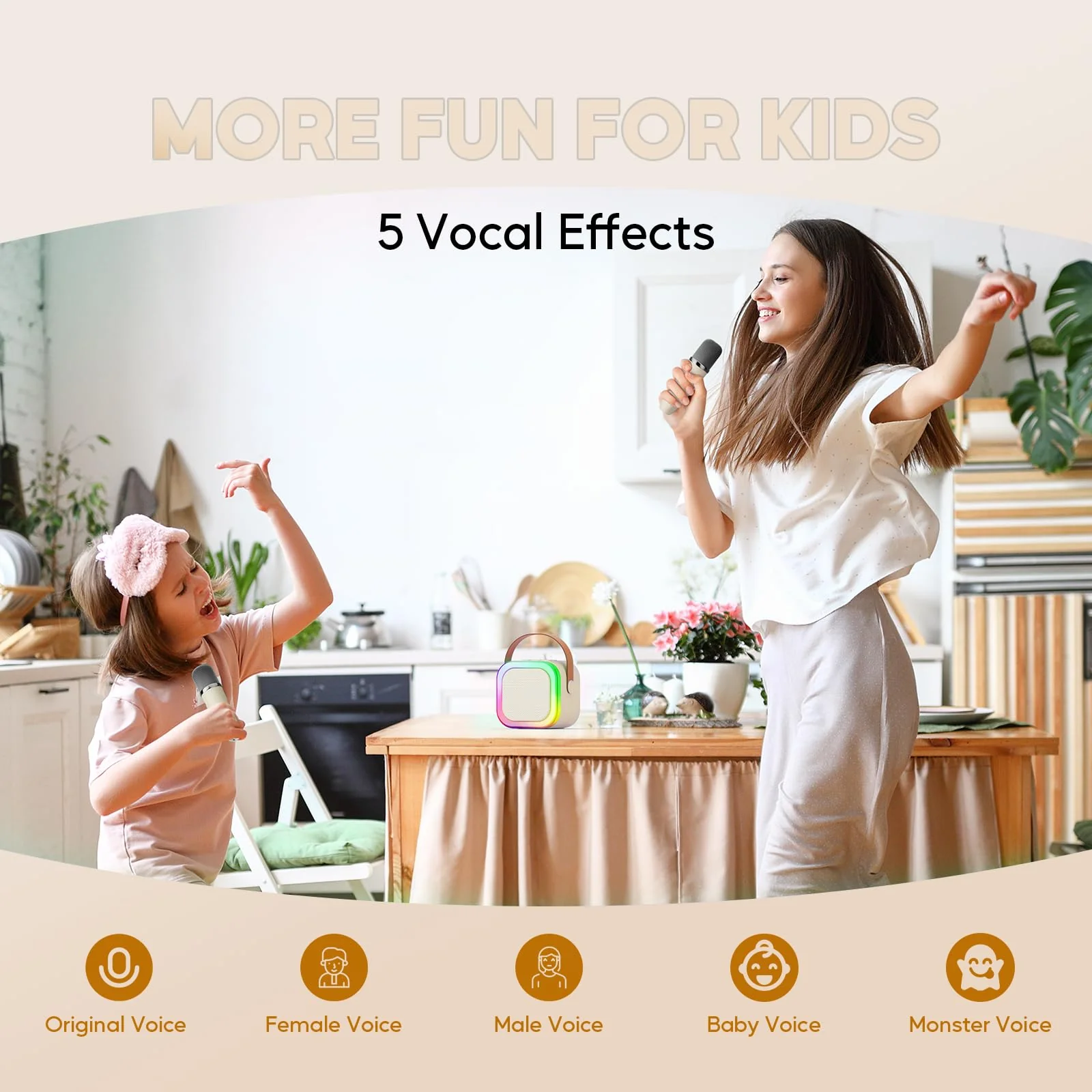 Mini Karaoke Machine with 2 Wireless Microphones for Kids Adults, Portable Karoke Machine Carrying Case Best Gifts for Girls 4, 5, 6 +Year Old Birthday Family Home Party Travel (Beige) Beige - Image 2