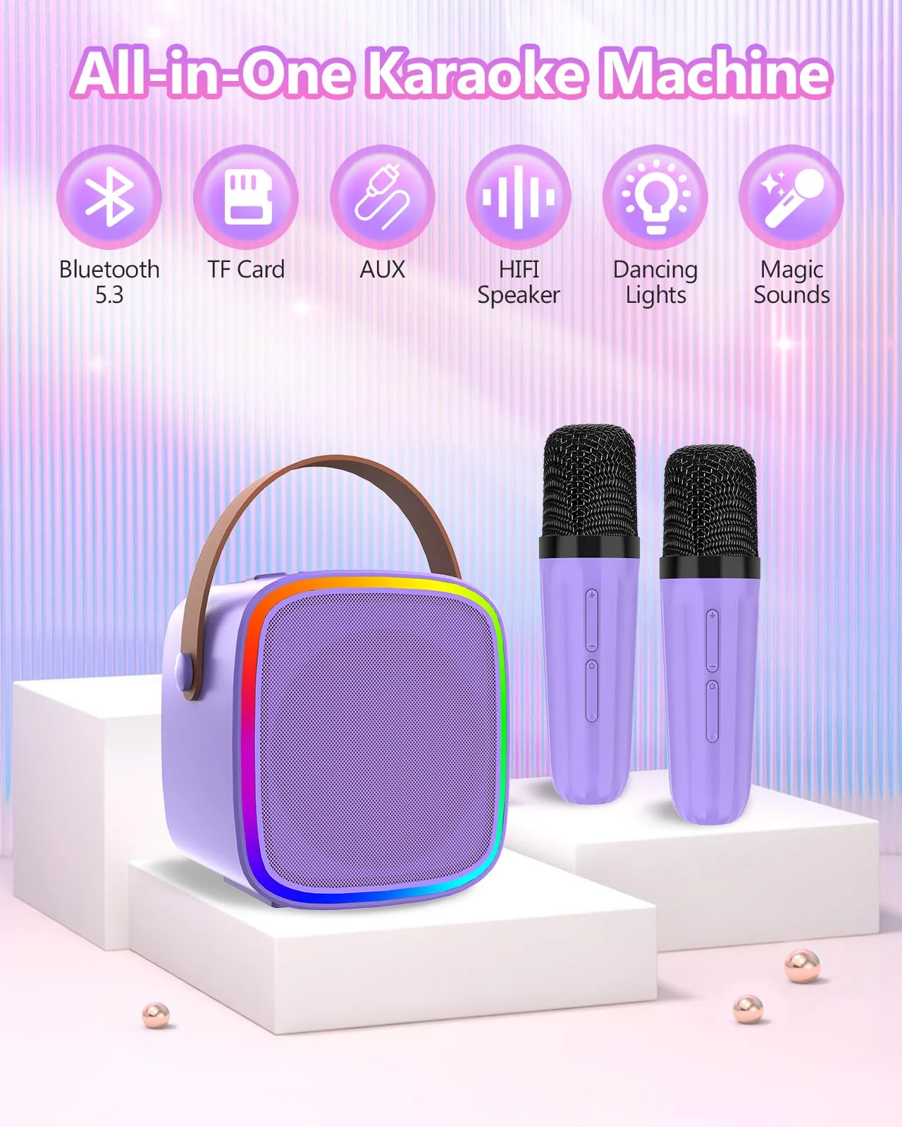 Mini Karaoke Machine with 2 Wireless Microphones, Kids Toys Portable Bluetooth Speaker for Kids Adults Toddler, Christmas Girls Toys for 4 5 6 7 8 9 10 12 Year Old Birthday Gift Ideas (Purple) Purple - Image 2