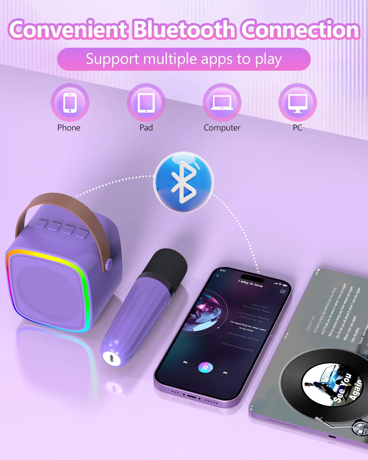 Mini Karaoke Machine with 2 Wireless Microphones, Kids Toys Portable Bluetooth Speaker for Kids Adults Toddler, Christmas Girls Toys for 4 5 6 7 8 9 10 12 Year Old Birthday Gift Ideas (Purple) Purple - Image 3