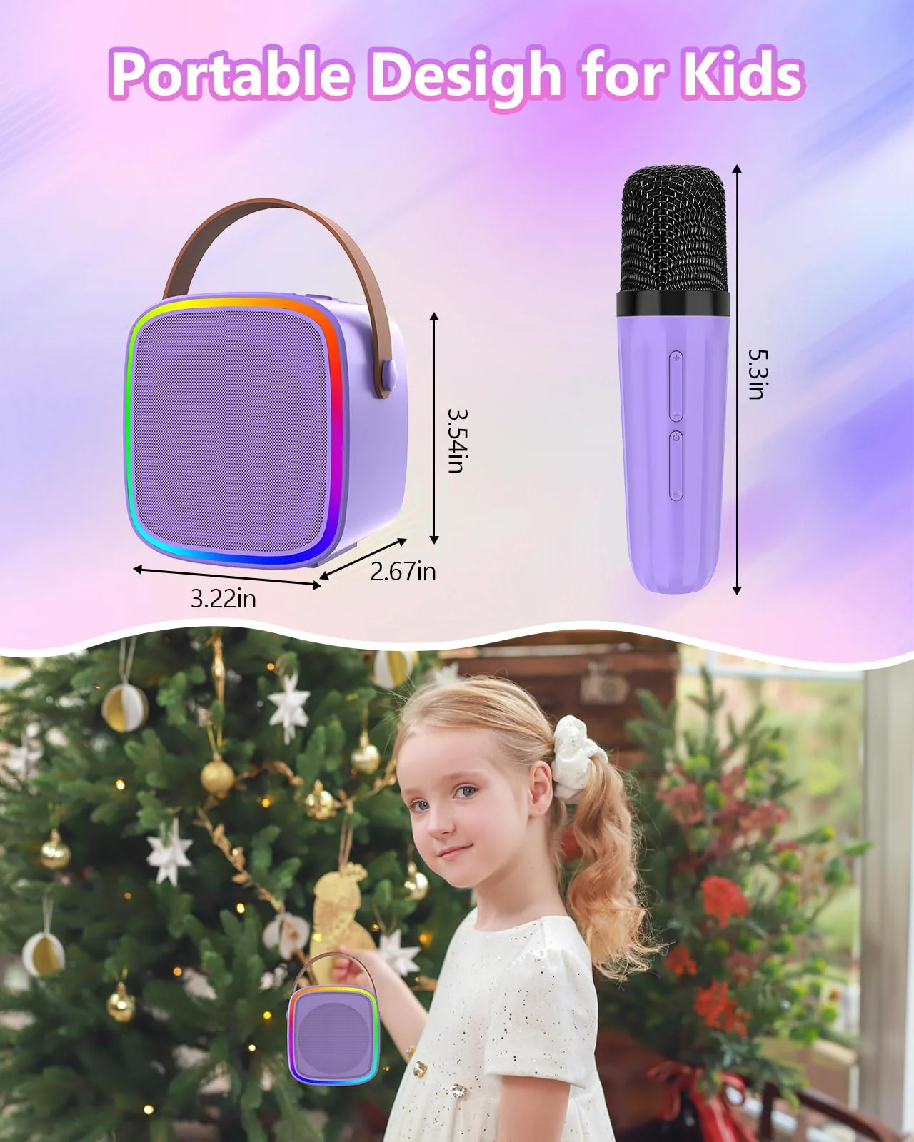 Mini Karaoke Machine with 2 Wireless Microphones, Kids Toys Portable Bluetooth Speaker for Kids Adults Toddler, Christmas Girls Toys for 4 5 6 7 8 9 10 12 Year Old Birthday Gift Ideas (Purple) Purple - Image 7