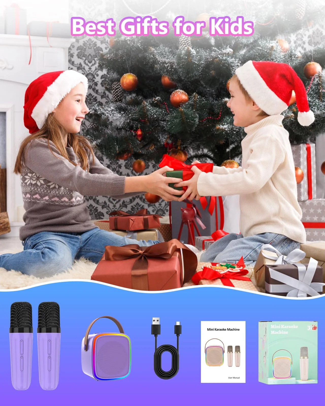 Mini Karaoke Machine with 2 Wireless Microphones, Kids Toys Portable Bluetooth Speaker for Kids Adults Toddler, Christmas Girls Toys for 4 5 6 7 8 9 10 12 Year Old Birthday Gift Ideas (Purple) Purple - Image 8