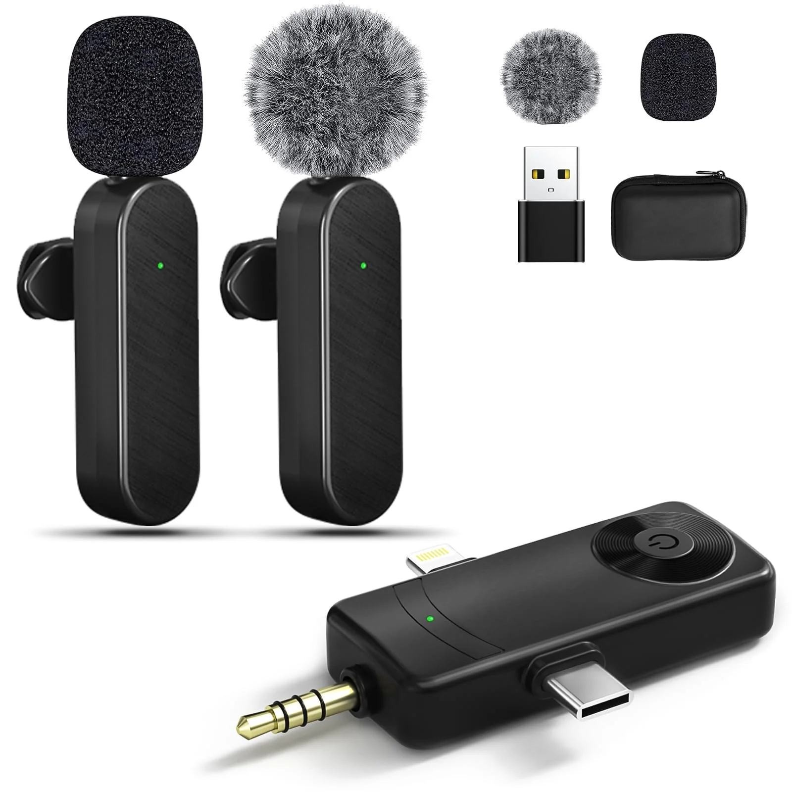 Mini Microphone for iPhone Android Camera iPad USB-C, 4 in 1 Professional Wireless Lavalier Lapel Microphone for Recording, Live Stream, YouTube, Facebook, TikTok, Vlog (2 Pcs)