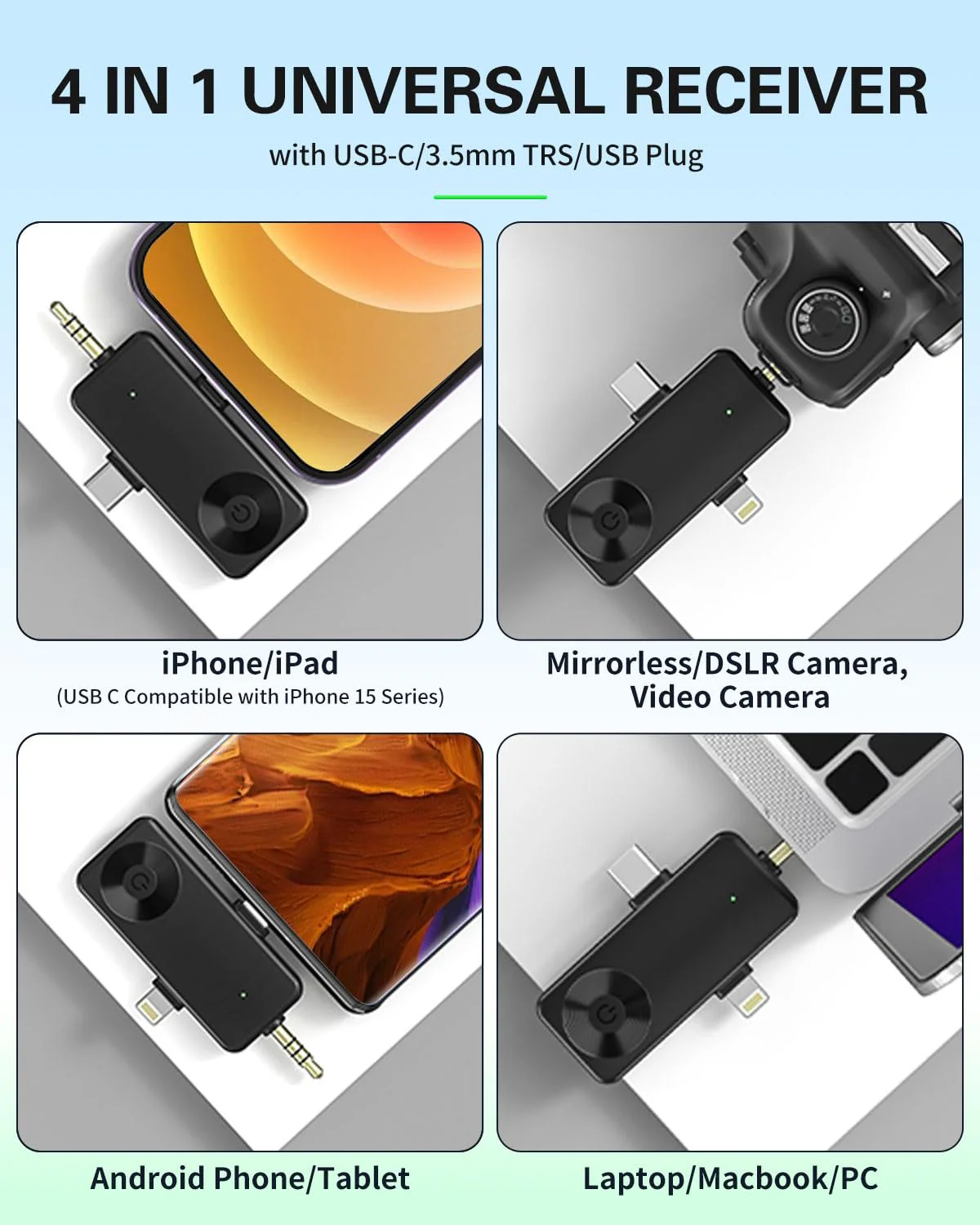 Mini Microphone for iPhone Android Camera iPad USB-C, 4 in 1 Professional Wireless Lavalier Lapel Microphone for Recording, Live Stream, YouTube, Facebook, TikTok, Vlog (2 Pcs) - Image 6