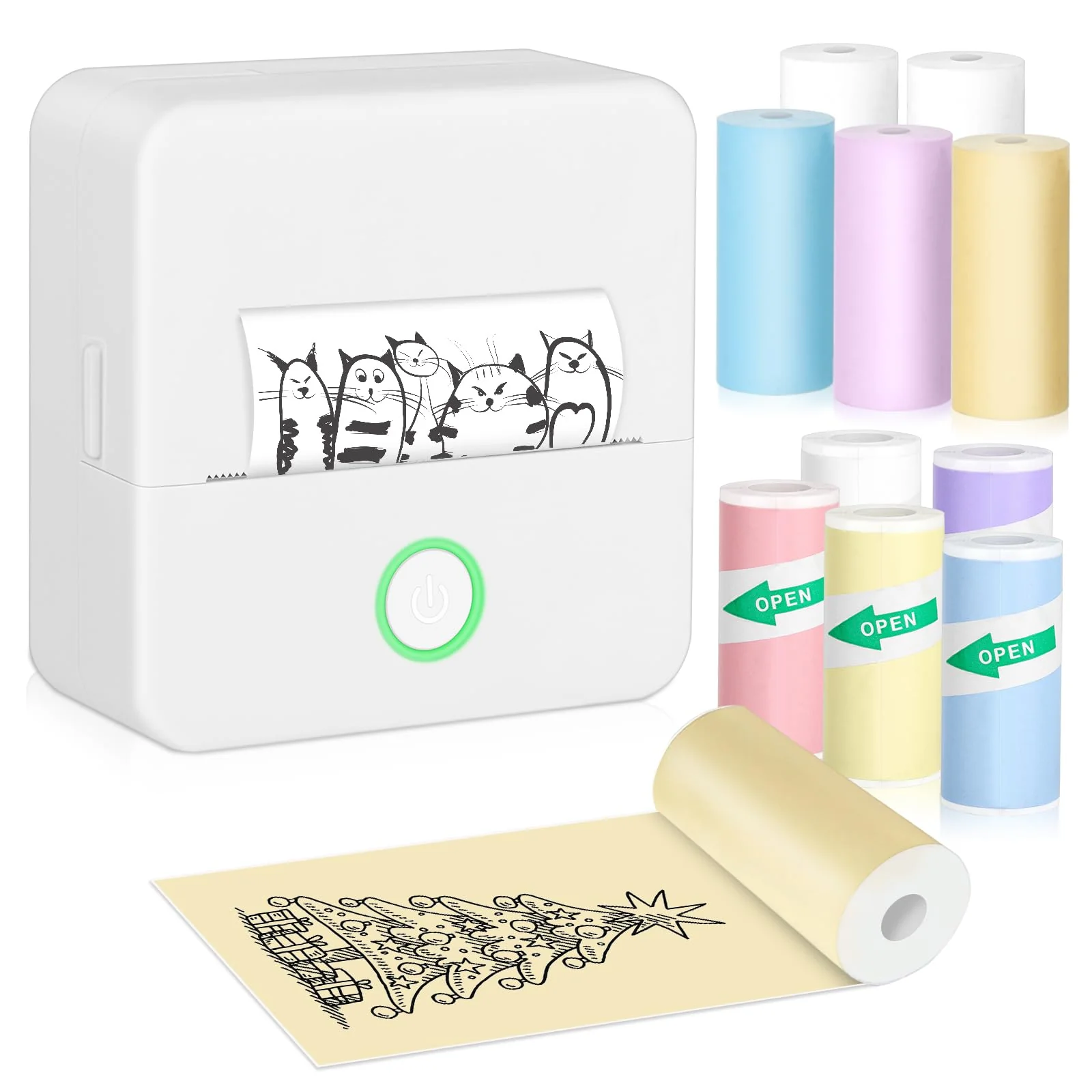 Mini Printer, Portable Thermal Printer with 10 Rolls Paper, Sticker Printer Machine, Study Printer for Notes, Photos, Journals, DIY, Mini Pocket Printer Compatible with Android & iOS 1 White Printer & 10 Rolls Paper