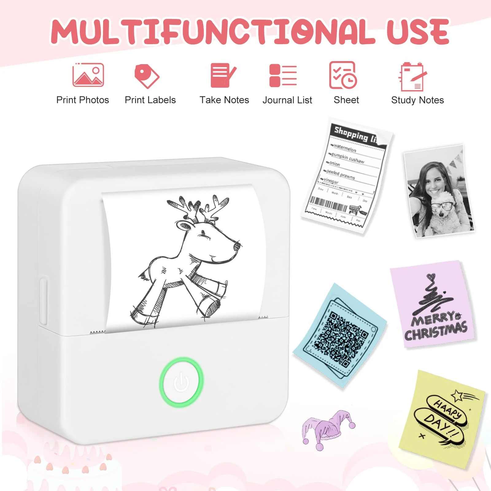 Mini Printer, Portable Thermal Printer with 10 Rolls Paper, Sticker Printer Machine, Study Printer for Notes, Photos, Journals, DIY, Mini Pocket Printer Compatible with Android & iOS 1 White Printer & 10 Rolls Paper - Image 2