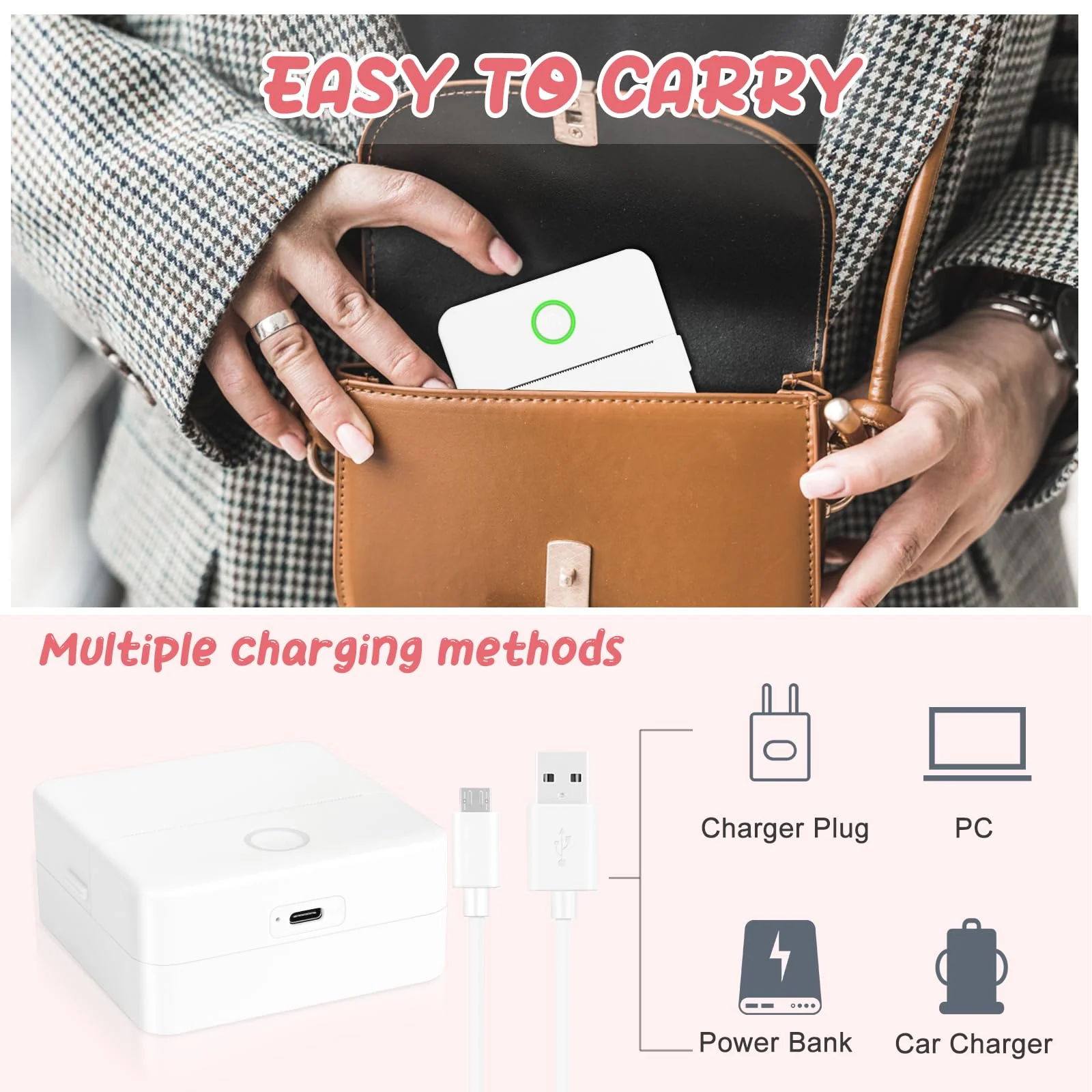 Mini Printer, Portable Thermal Printer with 10 Rolls Paper, Sticker Printer Machine, Study Printer for Notes, Photos, Journals, DIY, Mini Pocket Printer Compatible with Android & iOS 1 White Printer & 10 Rolls Paper - Image 3