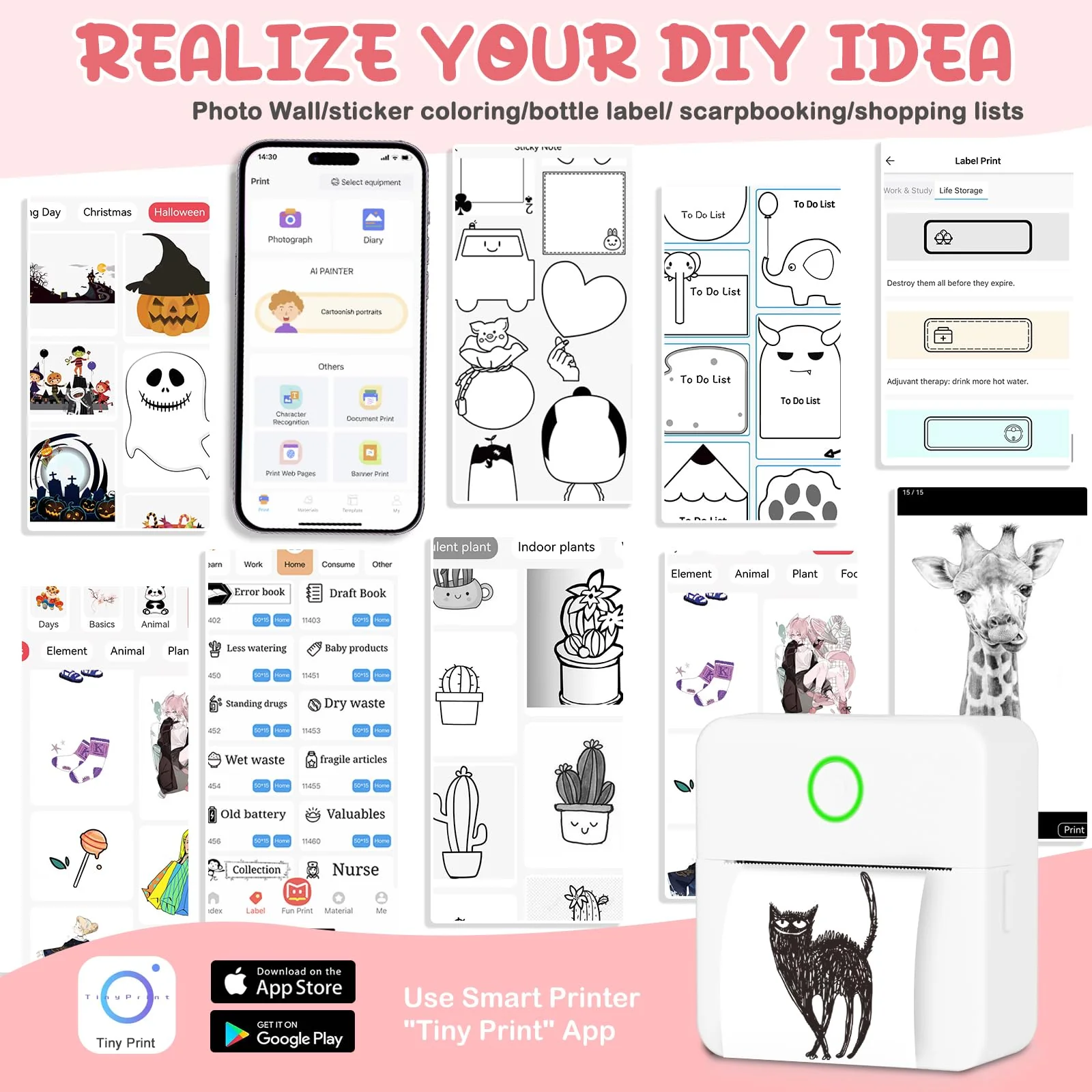 Mini Printer, Portable Thermal Printer with 10 Rolls Paper, Sticker Printer Machine, Study Printer for Notes, Photos, Journals, DIY, Mini Pocket Printer Compatible with Android & iOS 1 White Printer & 10 Rolls Paper - Image 4
