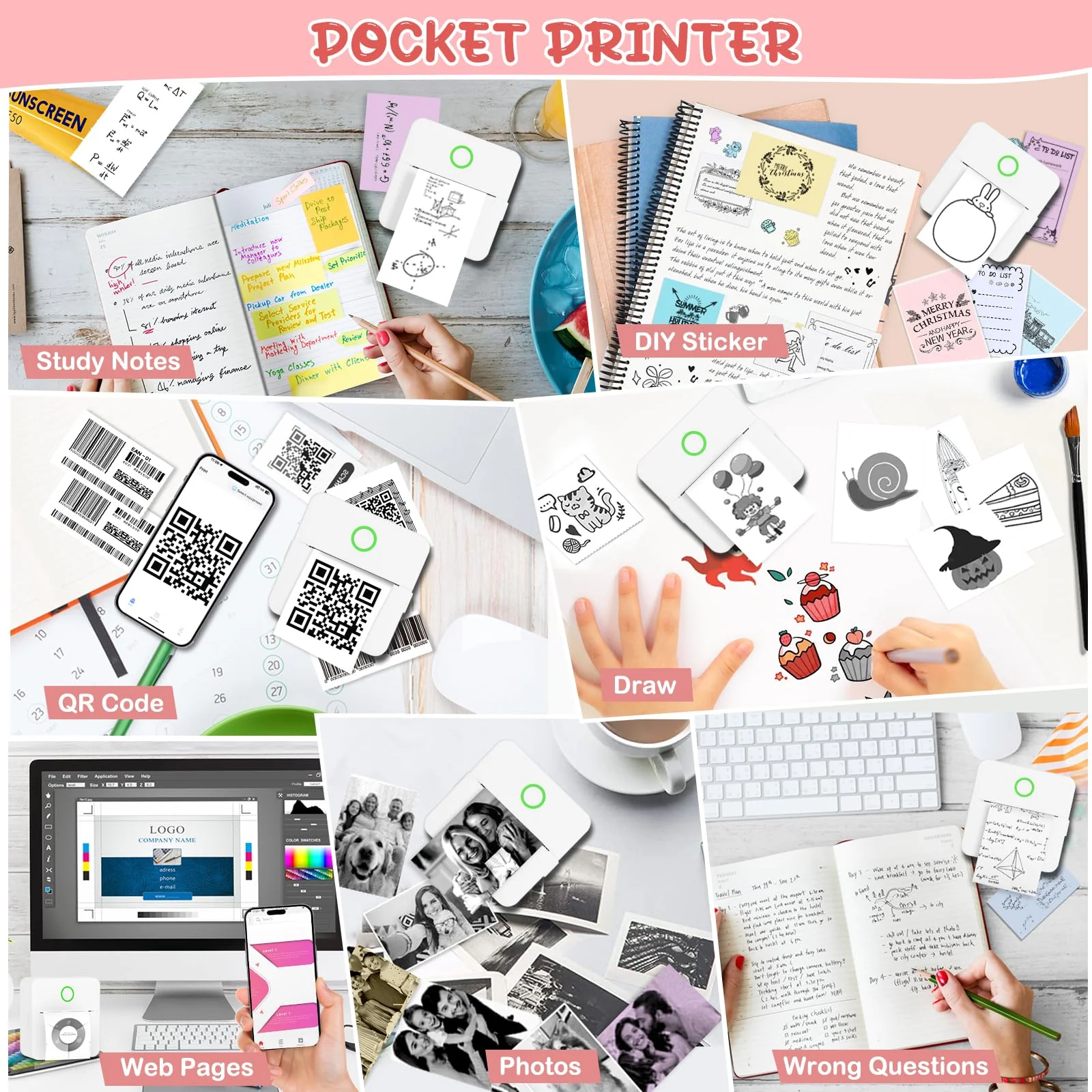 Mini Printer, Portable Thermal Printer with 10 Rolls Paper, Sticker Printer Machine, Study Printer for Notes, Photos, Journals, DIY, Mini Pocket Printer Compatible with Android & iOS 1 White Printer & 10 Rolls Paper - Image 6