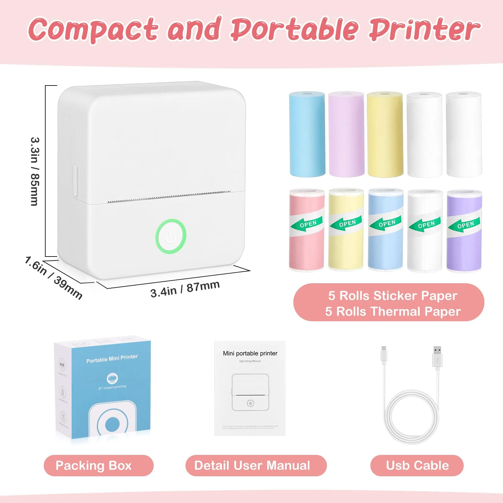 Mini Printer, Portable Thermal Printer with 10 Rolls Paper, Sticker Printer Machine, Study Printer for Notes, Photos, Journals, DIY, Mini Pocket Printer Compatible with Android & iOS 1 White Printer & 10 Rolls Paper - Image 7