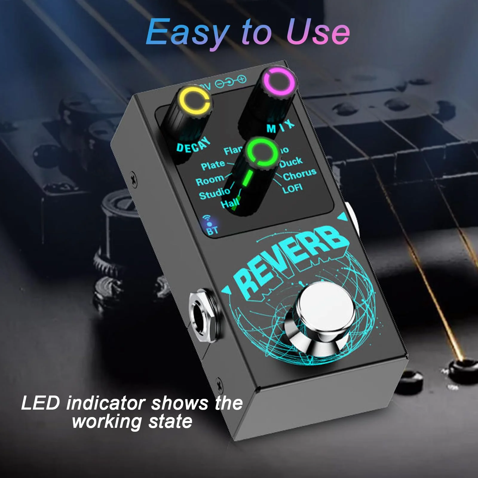 Mini Reverb Guitar Pedal, Verb Square Digital Reverb 9 Modes Room, Hall, Chorus, Duck, Plate, Studio, Echo, LOFI with True Bypass Aluminium alloy case (Black Reverb) Black Reverb - Image 2