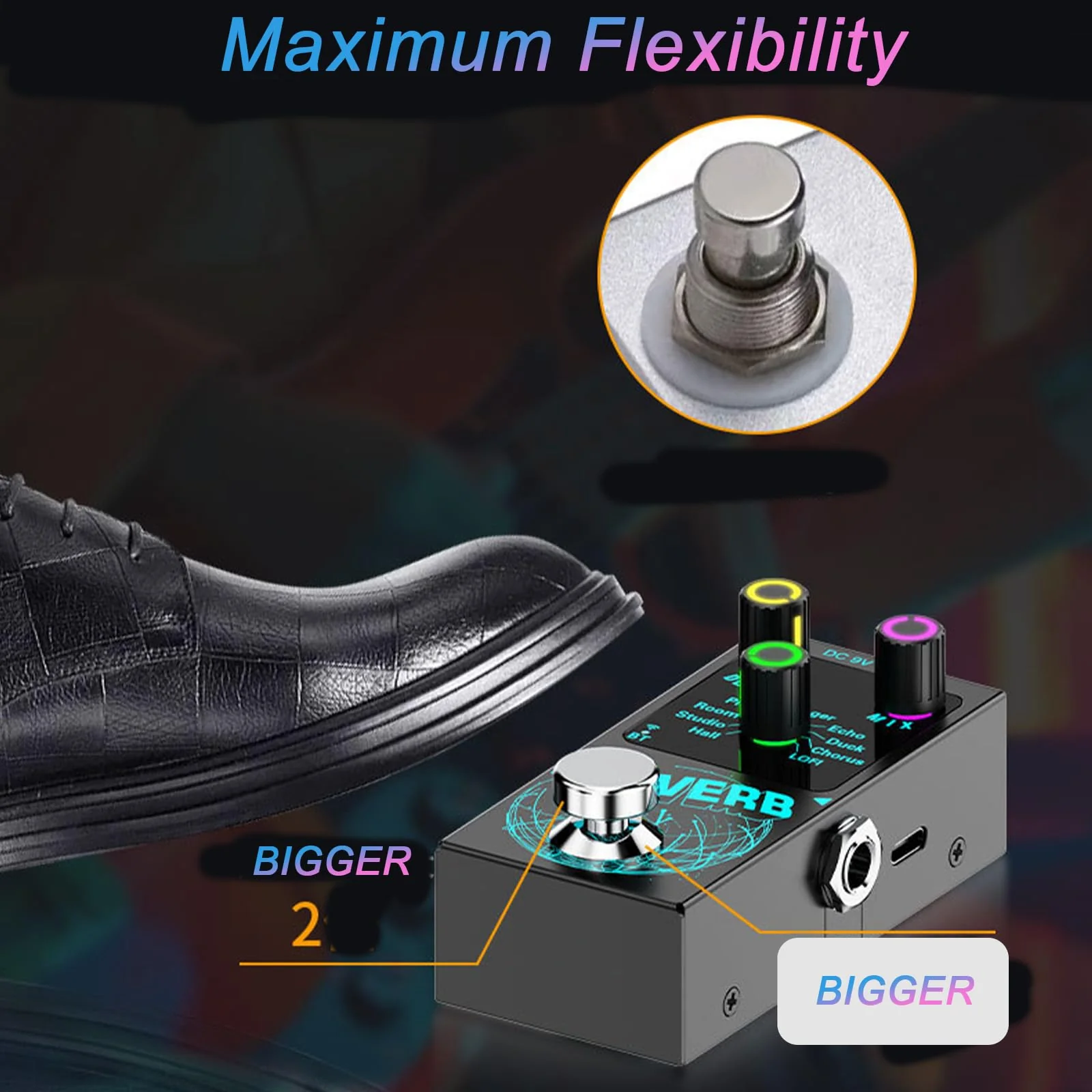 Mini Reverb Guitar Pedal, Verb Square Digital Reverb 9 Modes Room, Hall, Chorus, Duck, Plate, Studio, LOFI, Echo, with True Bypass Aluminium Alloy Black - Image 5