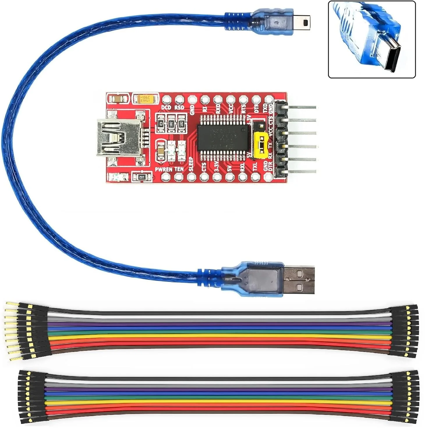 Mini USB to TTL Serial Converter Adapter, 3.3V/5.5V, FTDI Breakout Board for Arduino