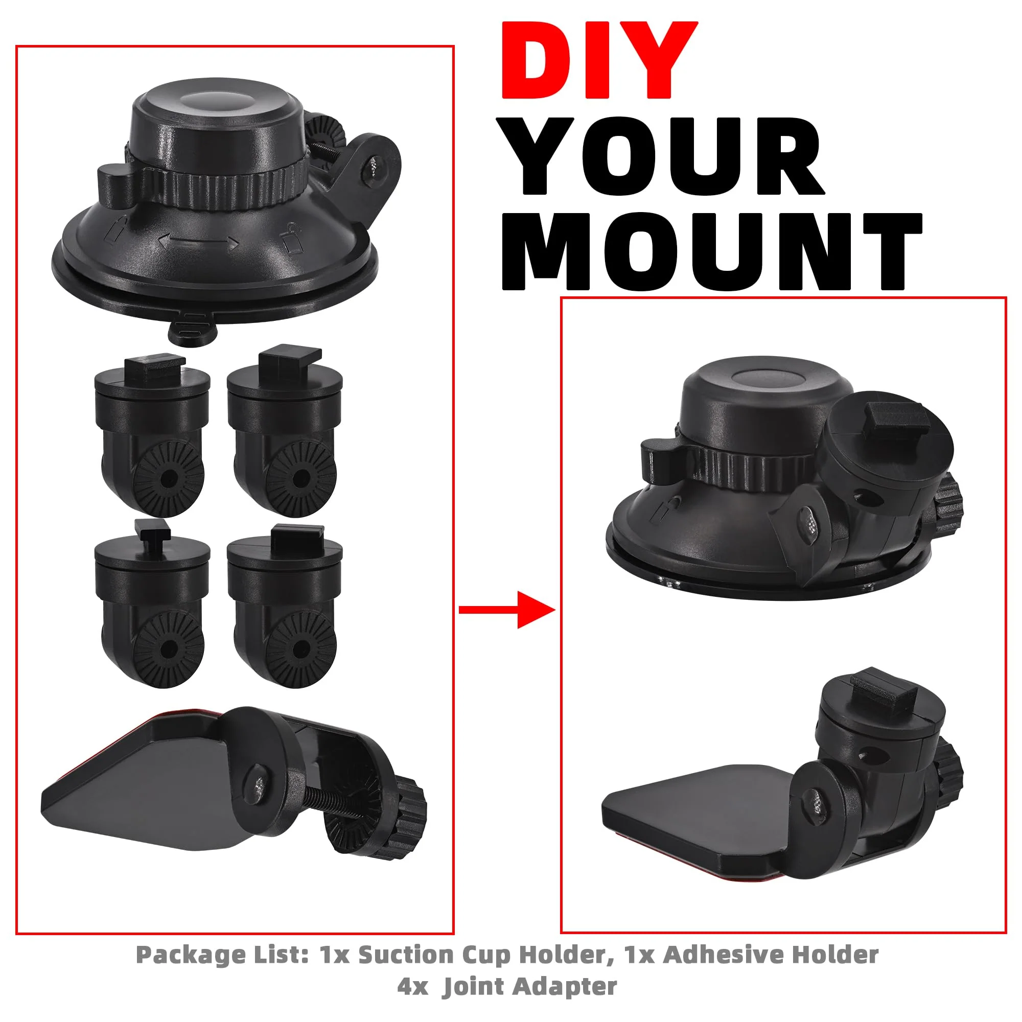 Mini Windshield Suction Cup Mount Holder & Dashboard Adhesive Sticky Mounting Bracket for Apeman Ssontong Biuone iZEEKER Z-Edge Spade Nexar Seegar iiwey HaHoco (4 Camera Joints Included) - Image 2