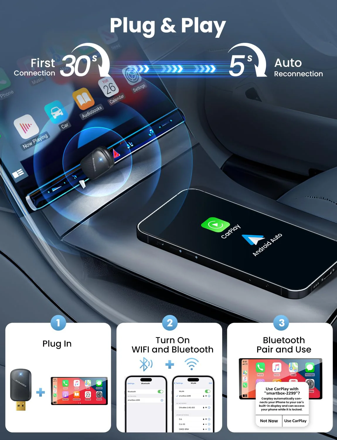 Mini Wireless Carplay and Android auto Adapter with Fastest Connection Car, No Latency Wireless Carplay Adapter, Tying to Cars from 2016 & Phone with Android 10+ / iPhone 6 or Above USB-A/Type-C - Image 4