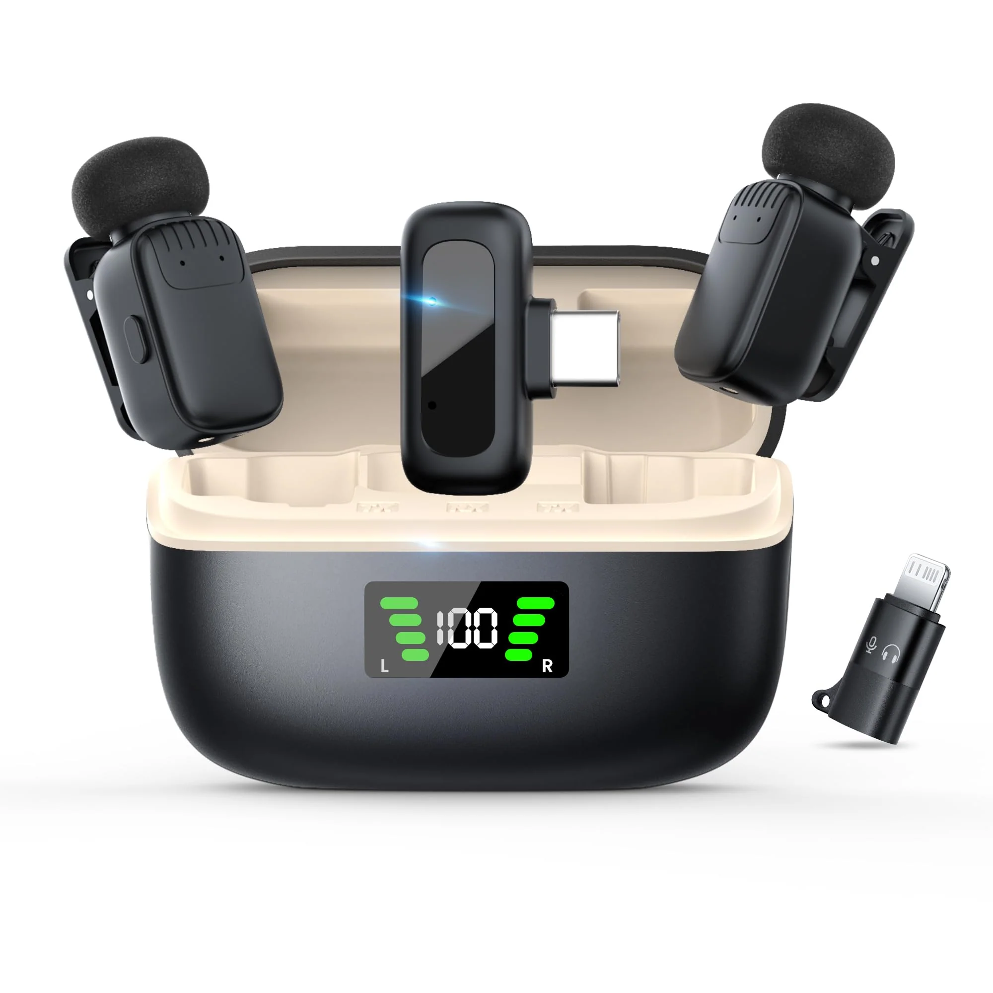 Mini Wireless Lavalier Microphone for iPhone/Android/PC with USB-C Plug, Noise Reduction, 25H Battery Life with Charging Case, Plug & Play, Tiny Mics for Vlogging & Podcast 2 TX + 1 RX + Black Charging Case